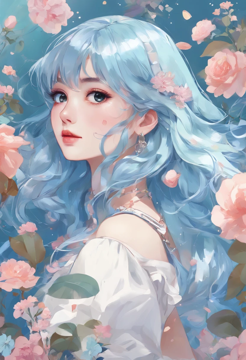 (Masterpiece), (Best Quality), (Ultra Detailed),(Ruffle your hair),(illustartion), (1girl), (trendy clothes), Standing, Model, looking a viewer, (interview), (Simple background), beautiful detail eyes, delicate beauty, Floating, (high saturation), (Colorful splash), colorful bubbles, (shine), Focus on the face, pony tail, Ayaka Kamisato, light-blue hair, Bangs, scrunchie, Floating flowers, floting hair, (glittering), better lighting, best shadows, perfect arms