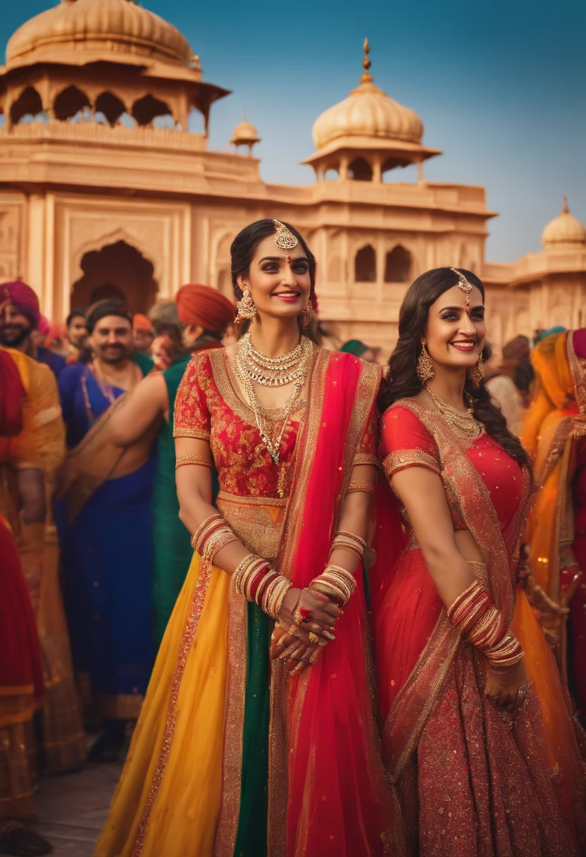 A vibrant and diverse celebration of Hindus and Sikhs coming together, with colorful traditional attire and joyful expressions. 4k image, realistic, perfect faces, flawless, insane details, (royal court in the background, richly adorned palace in the background)