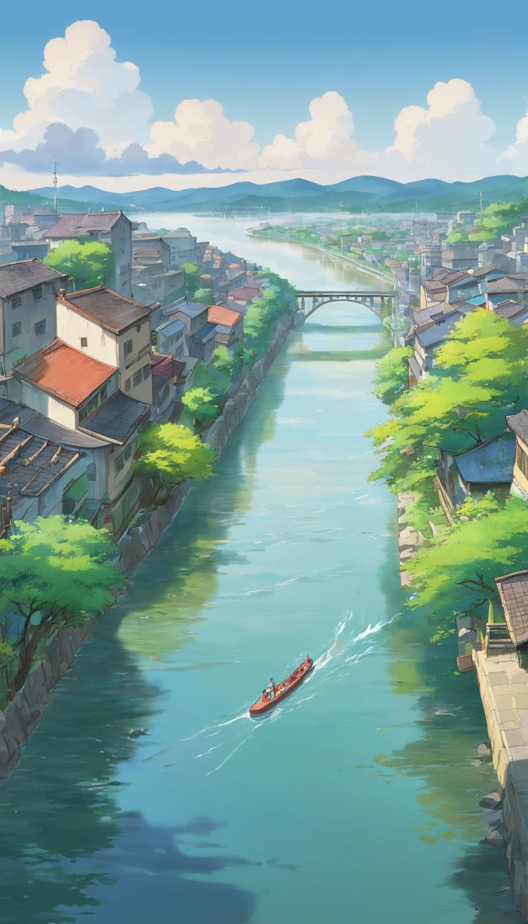 River across a polluted city, ((wide river)), vegetation all around , point of view from river side close to the water,  grey sky, gentle slope on both river sides