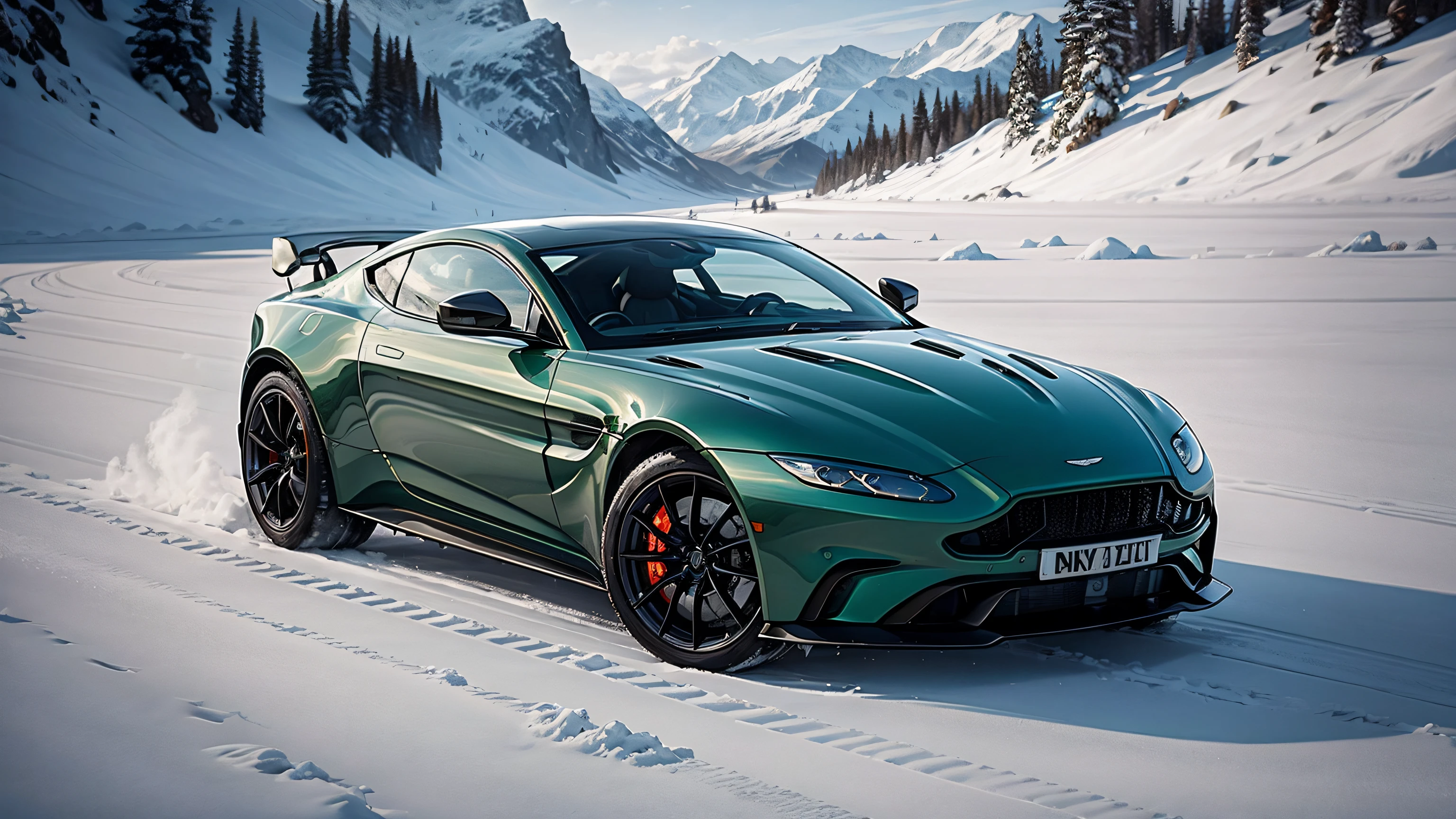 A Aston Martin Vantage green on an ice road in mountainous areas.