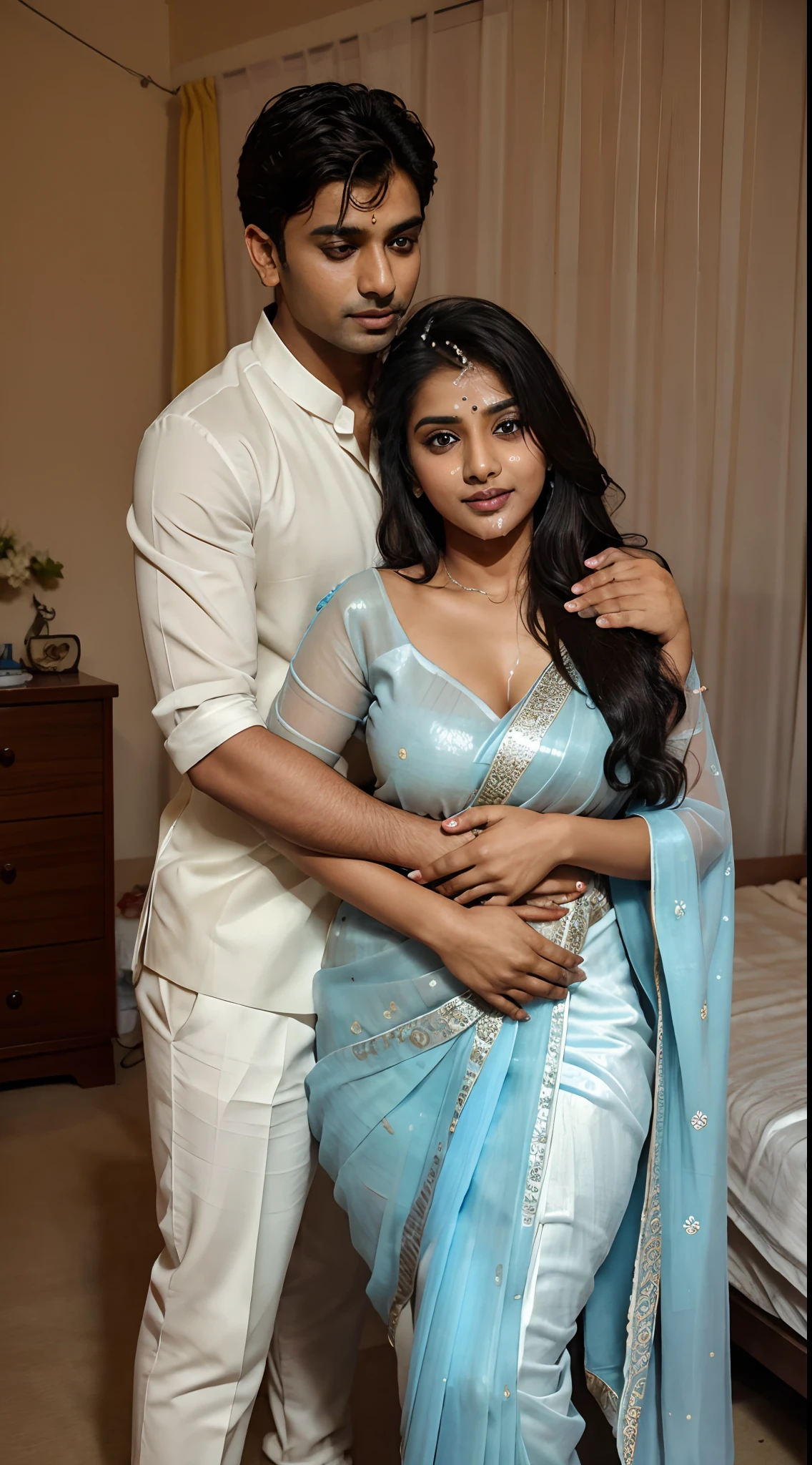 Indian women with British man, Indian women wear light blue full saree and British man wear white formal dress in bedroom, they are hugging pose, too much cum on Indian women face, cumshot on Indian women face