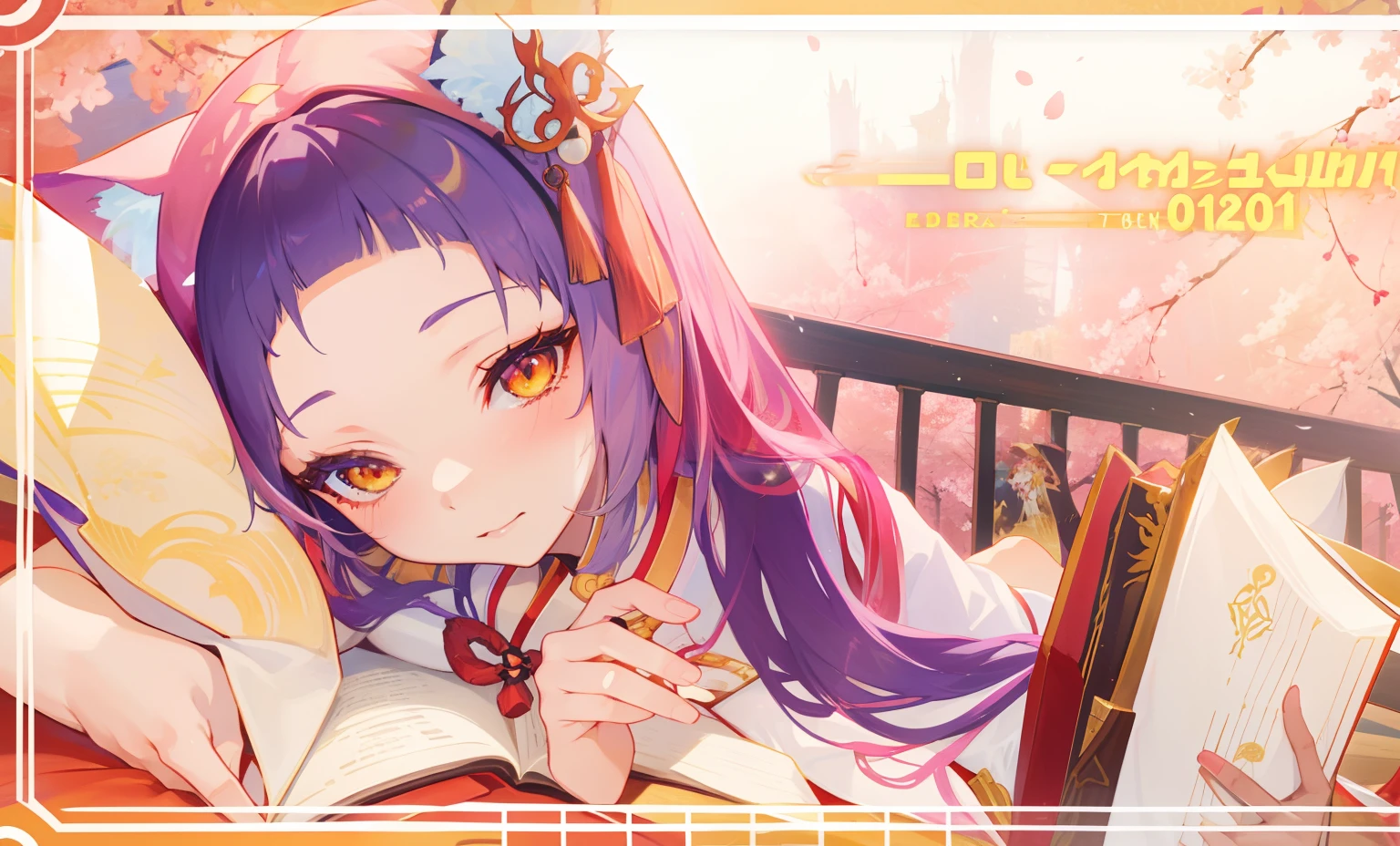 a close up of a gray hair cat girl laying on a bed with a book, hasanabi, inspired by Sarper Baran, haruno sakura, manhwa, seraphine ahri kda, hidari and vlop, official artwork hdr, visual novel cg, inspired by Manabu Mabe, harp, harem, from girls frontline, banner