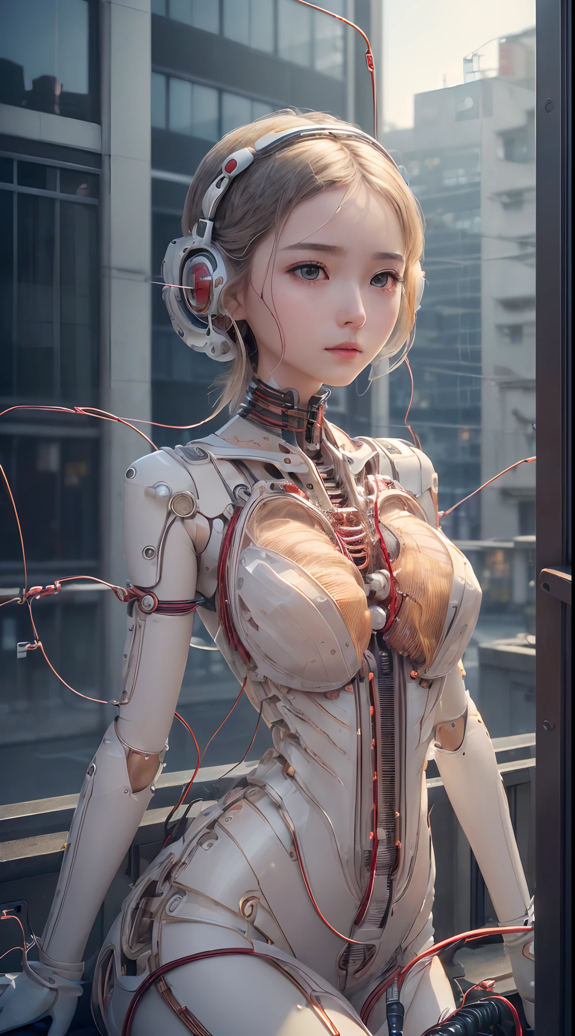 (((Masterpiece))), (((Best quality))), ((Ultra-detailed)), (Highly detailed CG illustration), ((An extremely delicate and beautiful)),(cute delicate face),Cinematic light,((1机械女孩)),Solo,full bodyesbian,(machine made joints:1.4),((Mechanical limb)),(blood vessels attached to the tube),((Mechanical vertebrae attached to the back)),((mechanical cervial attaching to neck)),((Sitting)),Expressionless,(wires and cables attached to head and body:1.5),((((Standing in the heart of the city))),Science fiction