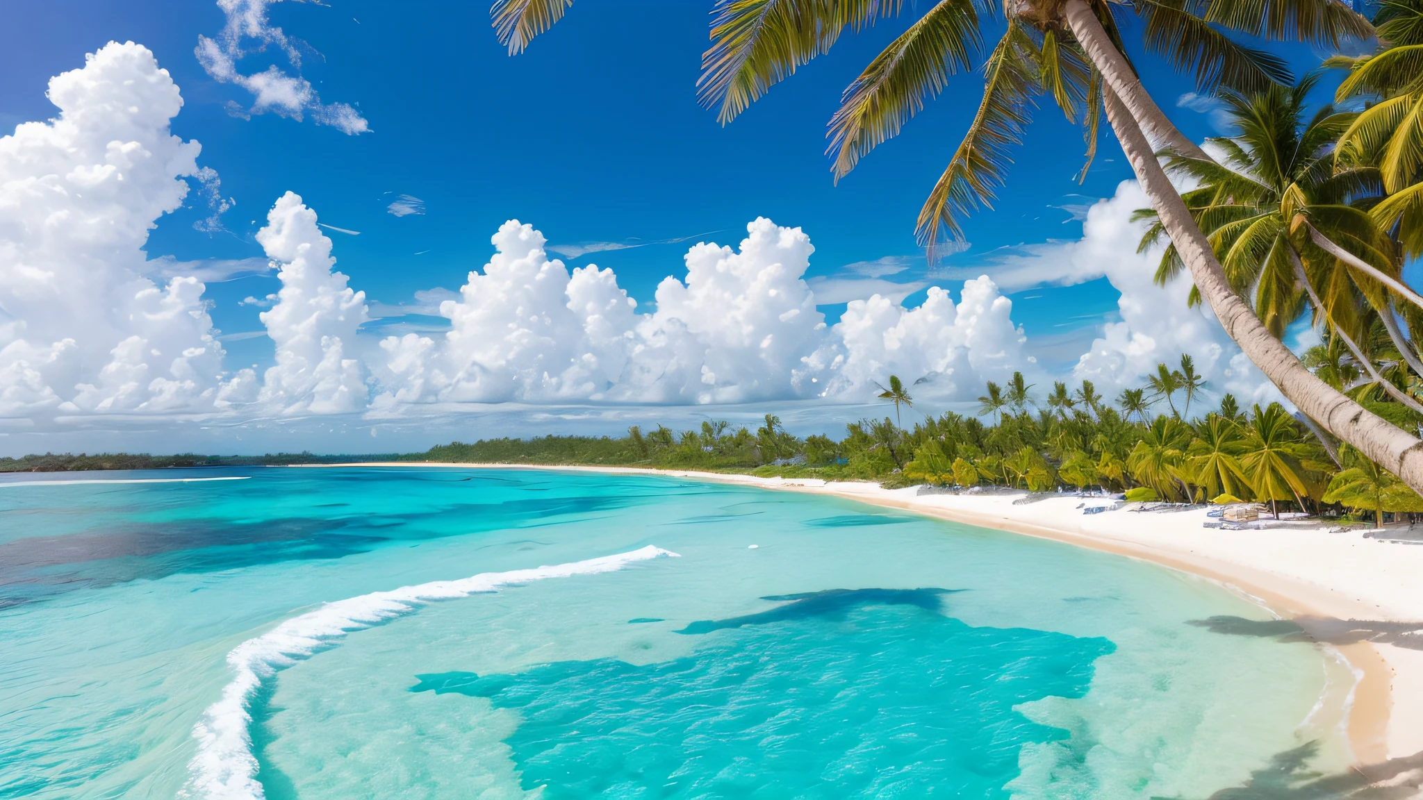 A tropical island with white sand beaches and palm trees, with new coral reefs and marine life, The beaches are pristine and the water is crystal clear, The palm trees are tall and swaying, and the coral reefs are teeming with fish and other marine life, In the background - a blue ocean stretches out to the horizon.