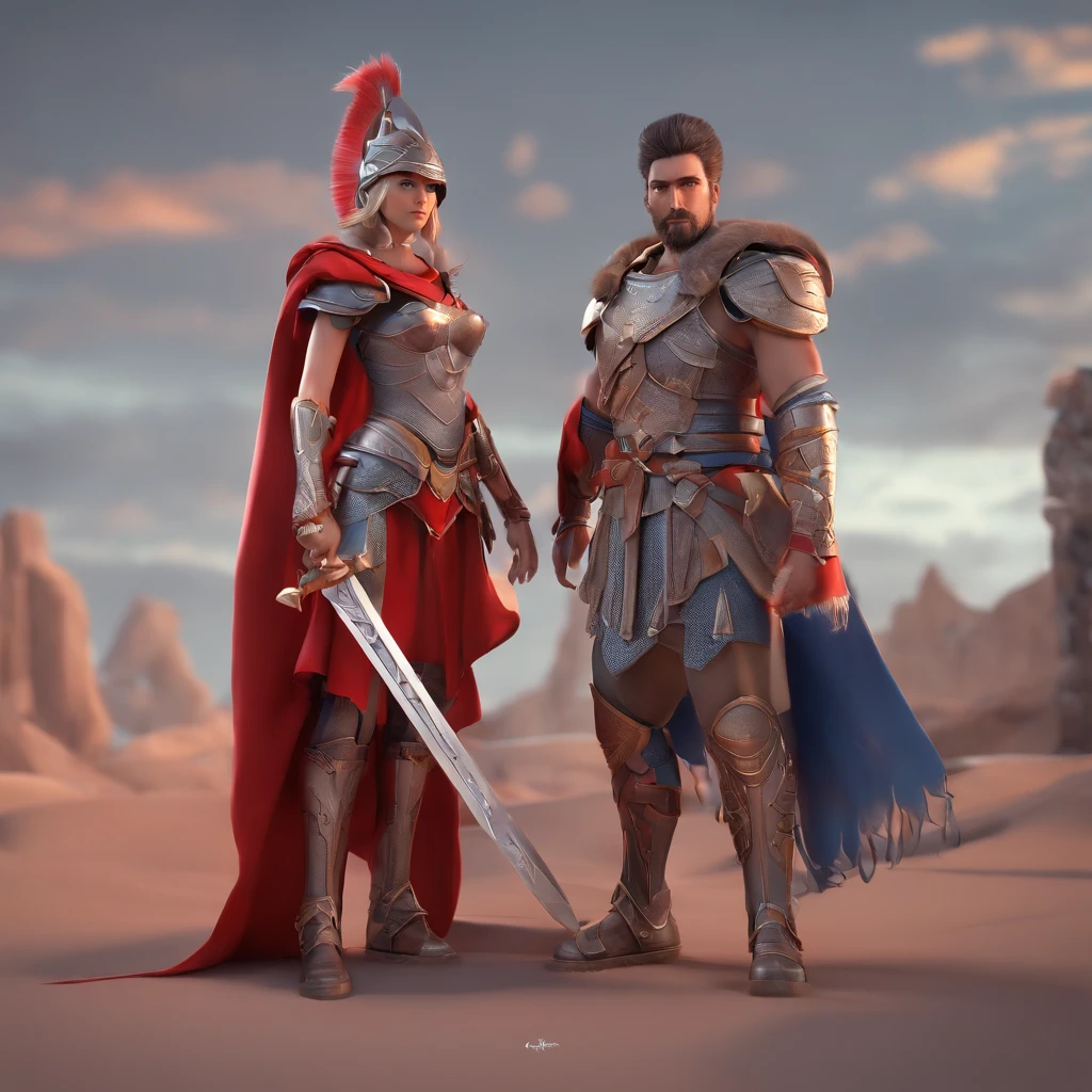 Centurion warriors, red and grey, male and female working together, man and woman side by side, happy, celebrating, Full body Beautiful anime style girl, clean detailed faces, intracate clothing, analogous colors, glowing shadows, beautiful gradient, depth of Fidel, clean image, high quality, high detail, high definition, Luminous Studio graphics engine, cute face, heroic, sword, Victoria