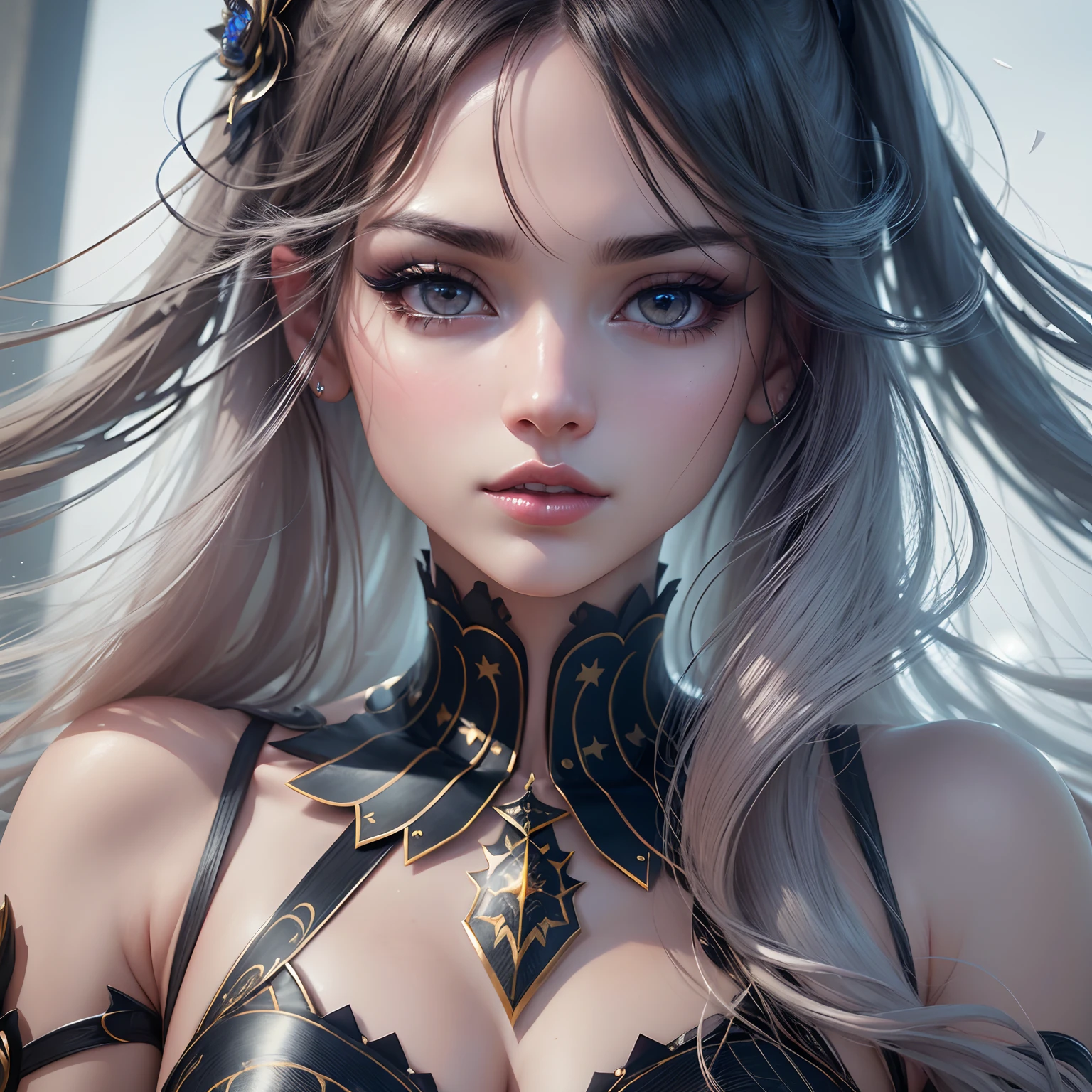 8k, realistic, ultra quality, beatiful girl, Stern anime girl, (Highest Quality, Amazing Details:1.25), cinematic lighting, unique, high-quality, very long hair, hair intakes, makeup, lipstick, eyelashes, ultra detailed eyes, ultra detailed face, ultra detailed lips, ultra detailed lipstick, ultra detailed makeup, 18 years girl, masterpiece, 8k