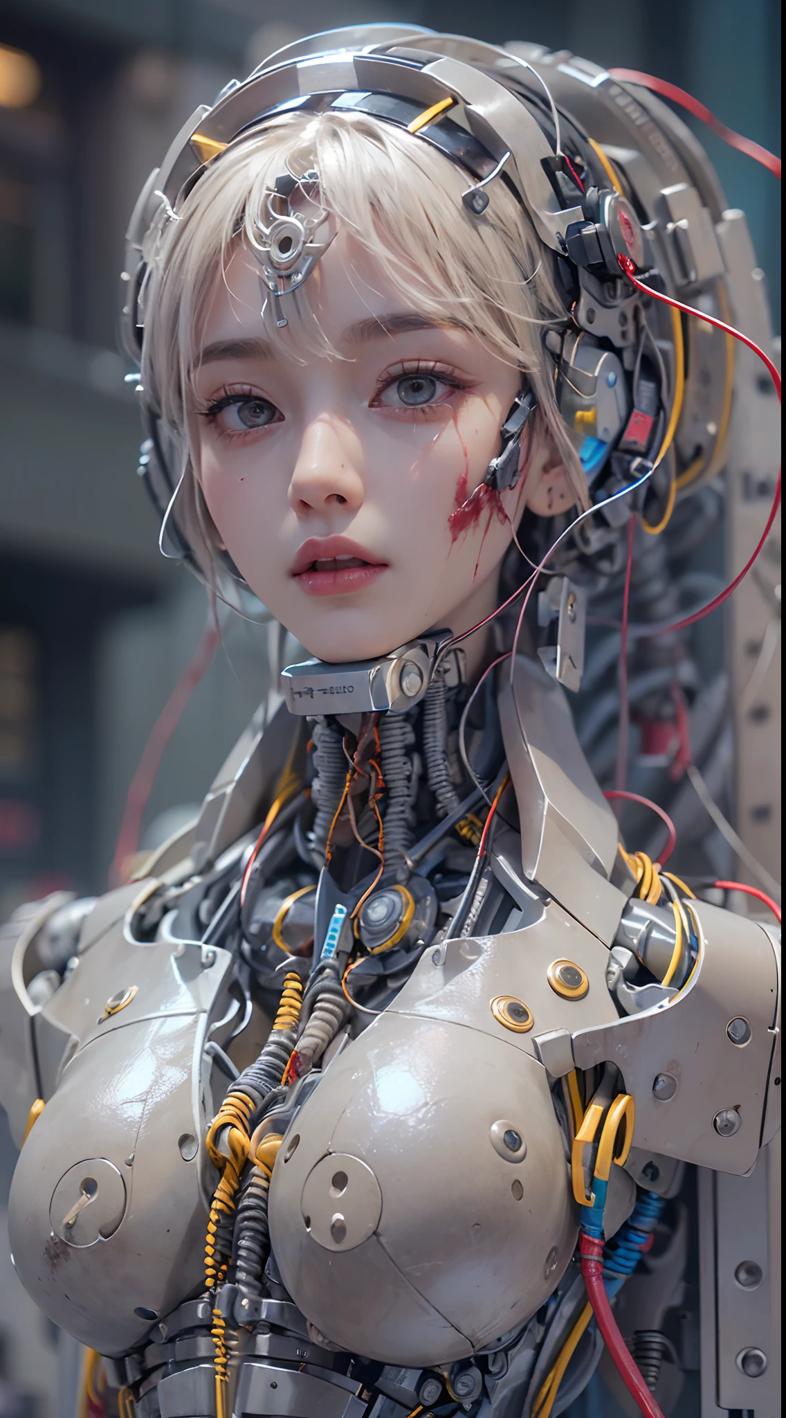 (((Masterpiece))), (((Best quality))), ((Ultra-detailed)), (Highly detailed CG illustration), ((An extremely delicate and beautiful)),(cute delicate face),Cinematic light,((1机械女孩)),Solo,full bodyesbian,(machine made joints:1.4),((Mechanical limb)),(blood vessels attached to the tube),((Mechanical vertebrae attached to the back)),((mechanical cervial attaching to neck)),((Sitting)),Expressionless,(wires and cables attached to head and body:1.5),((((Standing in the heart of the city))),Science fiction