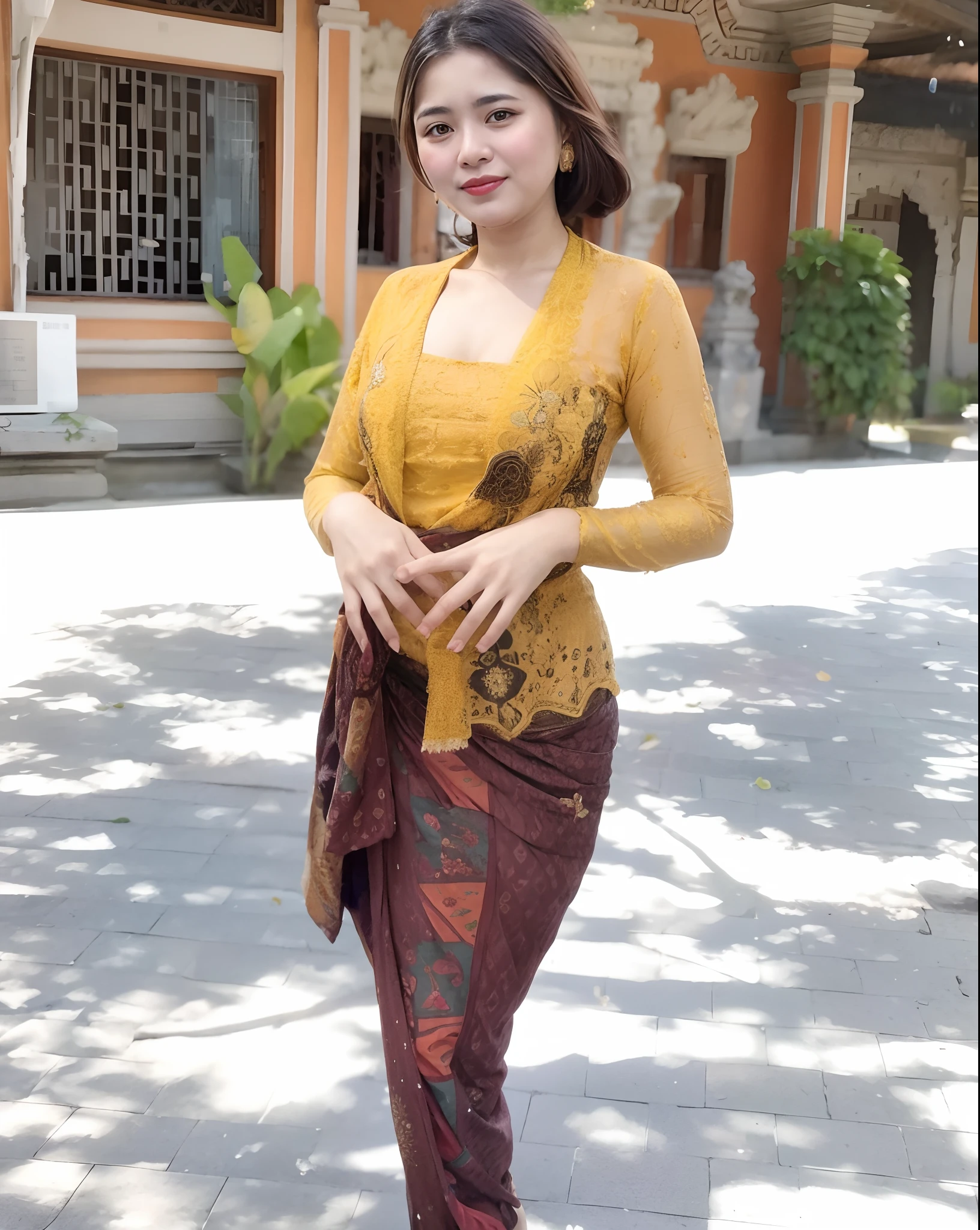 hijab ,,RAW, Best quality, high resolution, Masterpiece: 1.3), Age 27 years, Beautiful young girl balinese, pretty face balinese, long loose hair, Masterpiece, Perfect plump body, collosal , wide butt, perfect make-up, Beautiful big eyes, Watery eyes, voluptuous smile, Wet lips, balinese culture, flowers in the hair, (Wearing see-through kebaya)), looking to camera, (perfect fingers), Masterpiece collection, voluptuous, (full body closeup camera view), high resolution, highly detailed, no bra, niplslip, no underwear, NSFW, (show pussy:0.5),,