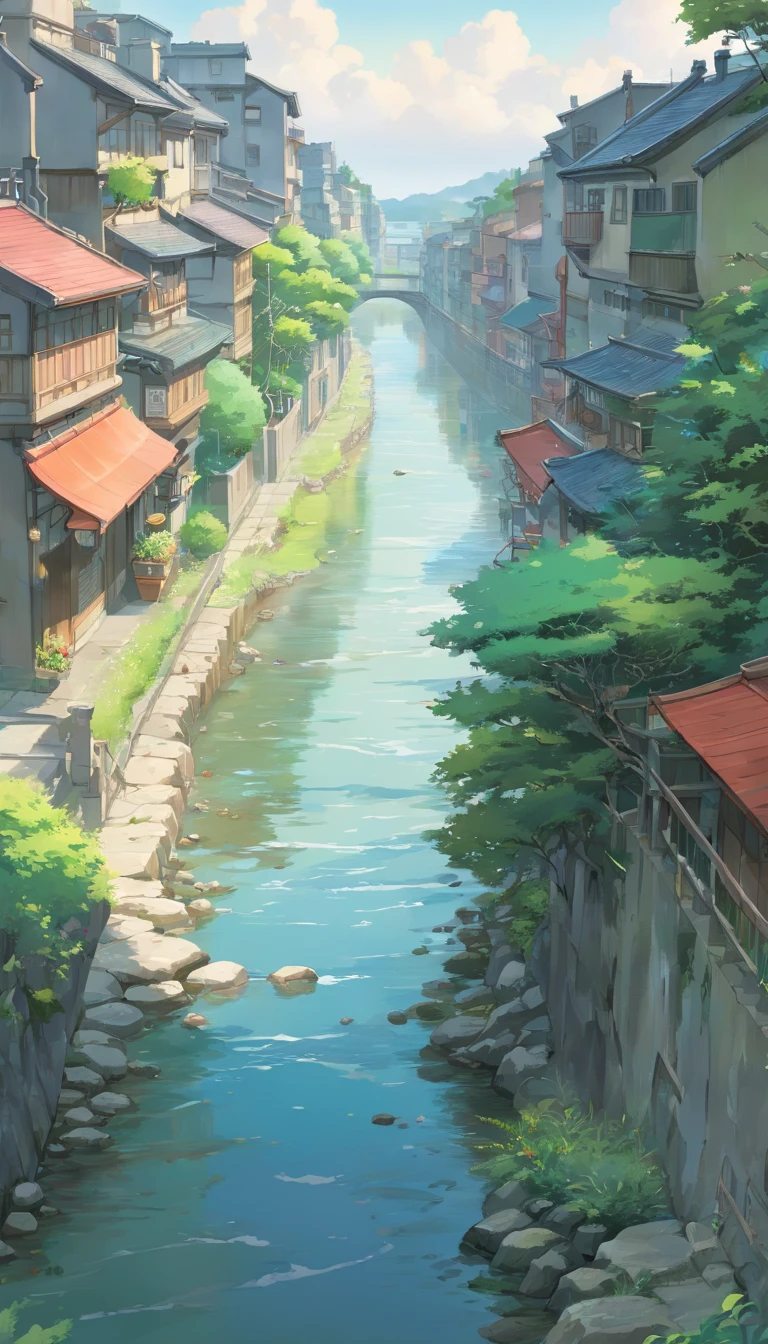 River across a polluted city, ((wide river)), some vegetation on the shores , point of view from river side on the ground, close to the water, grey sky, gentle slope on both river sides