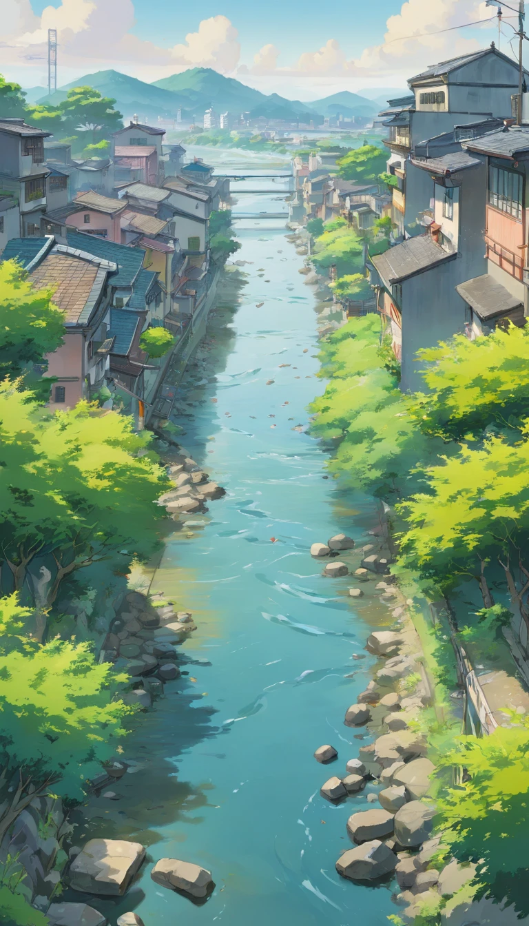 River across a polluted city, ((wide river)), some vegetation on the shores , point of view from river side on the ground, close to the water, grey sky, gentle slope on both river sides