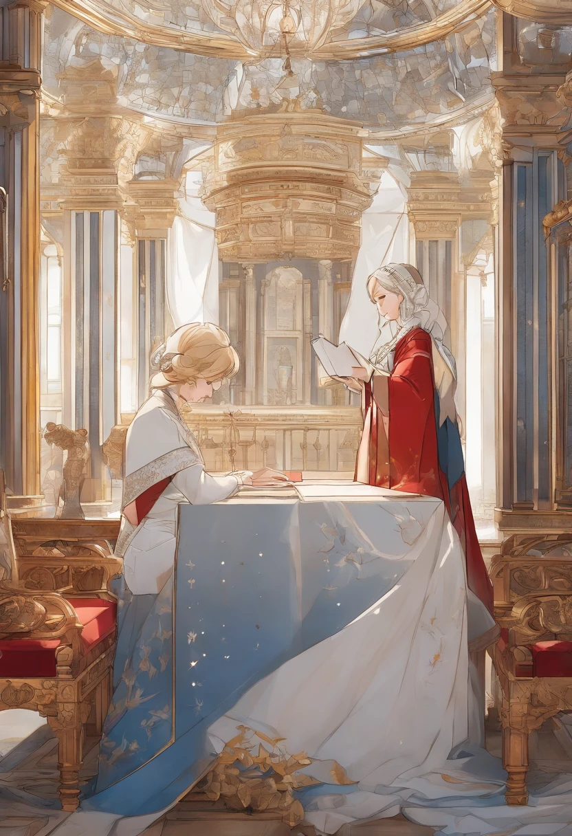 (Masterpiece: 1.2, Best Quality), Realistic, (Realistic Picture, Complex Details, Depth of Field), Best Quality, Masterpiece, Highly Detailed, Semi Realistic, 1 Girl, Mature Female, 21 Years Old, Blond Hair, Shoulder length Short Hair, Left Eye Covered with Hair, Blue Eyes, King's Clothes, Red Cloak, Slim Figure, Crown Made of Precious Gold, Reading Documents, Marking Documents, Goose Hair Pen, Office Table, Soft Bench, Palace, In the palace, during the Middle Ages