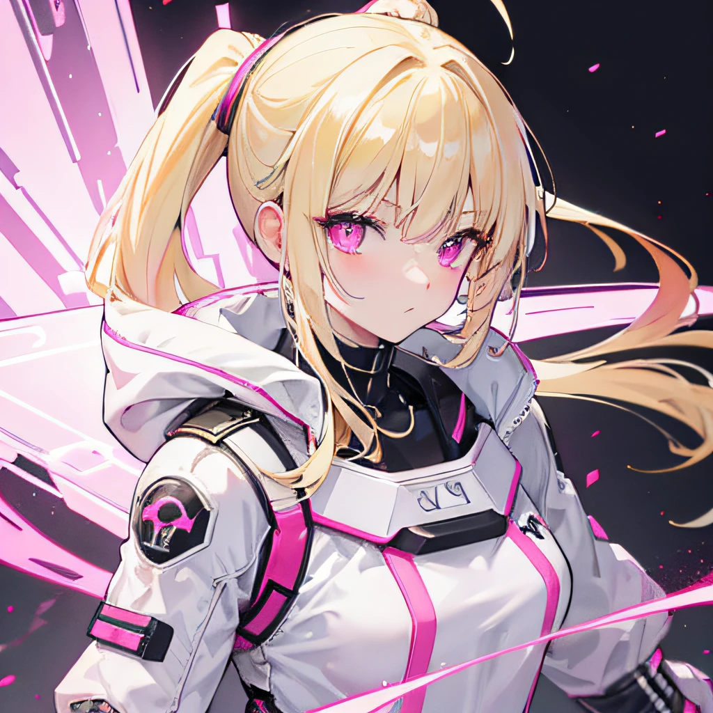 Light yellow hair，Double ponytail hairstyle，Pink eyes，Pink pupils，teens girl，white  clothes，Armor，Gun in hand，cyber punk perssonage