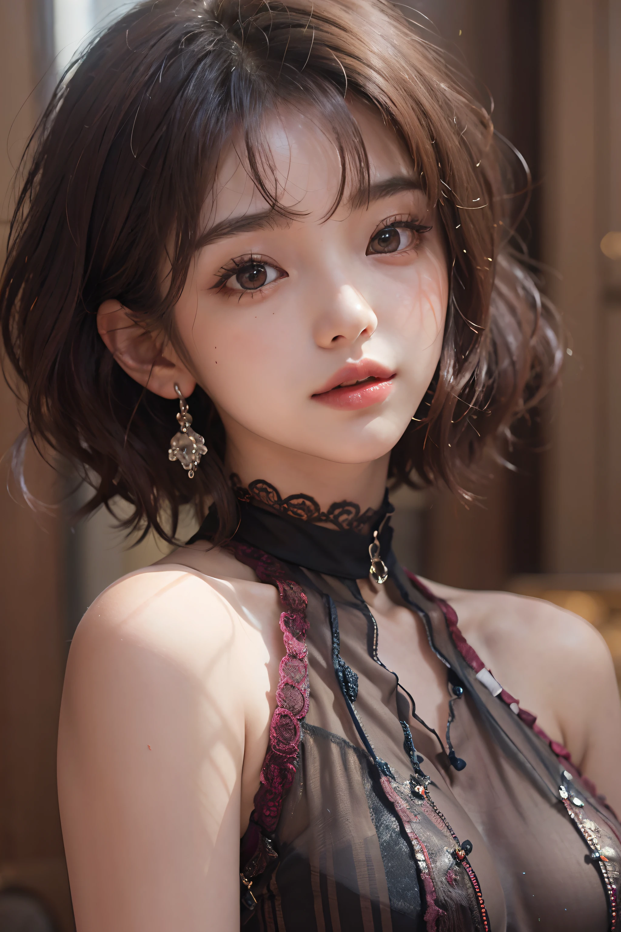 ((upper Shot))、(Photoreal Stick:1.2)、8K UHD、hight resolution、(1girl in)、in her 20s、(looking at view)、(A dark-haired), (Bery short hair)、(smil)、(High quality shadows)、Detail Beautiful delicate face、Detail Beautiful delicate eyes、Pretty Kpop Girl、(Korean Urzan Face)、(ulzzang -6500-v1.1:0.6)、pureerosface_v1、gloweyes、perfectbody、 Incredible dynamic range photography(UTIL_Art by Smoose-768:1.1), teak、Bright red lipstick、Glossy lips、((strong lights))、(a choker)、(Red transparent nose)、((Brown eyes))、((Beautiful Finger))、 (Silver Accessories)、Shiny hair、Description beautiful delicate hair、(Lustrous skin)、(Black see-through dress)、(corsets)、(evening)、(Rooms with large windows)、Light coming in through the window、(Dim ruins of concrete)、(Sit in an old chair)、(Background blur)、