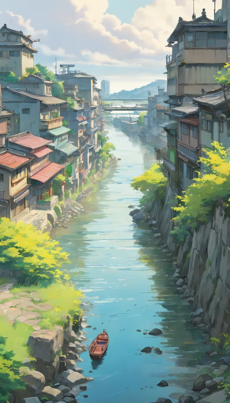 River across a polluted city, ((wide river)), some vegetation on the shores , ((point of view from river side on the ground close to the water)), grey sky, gentle slope on both river sides