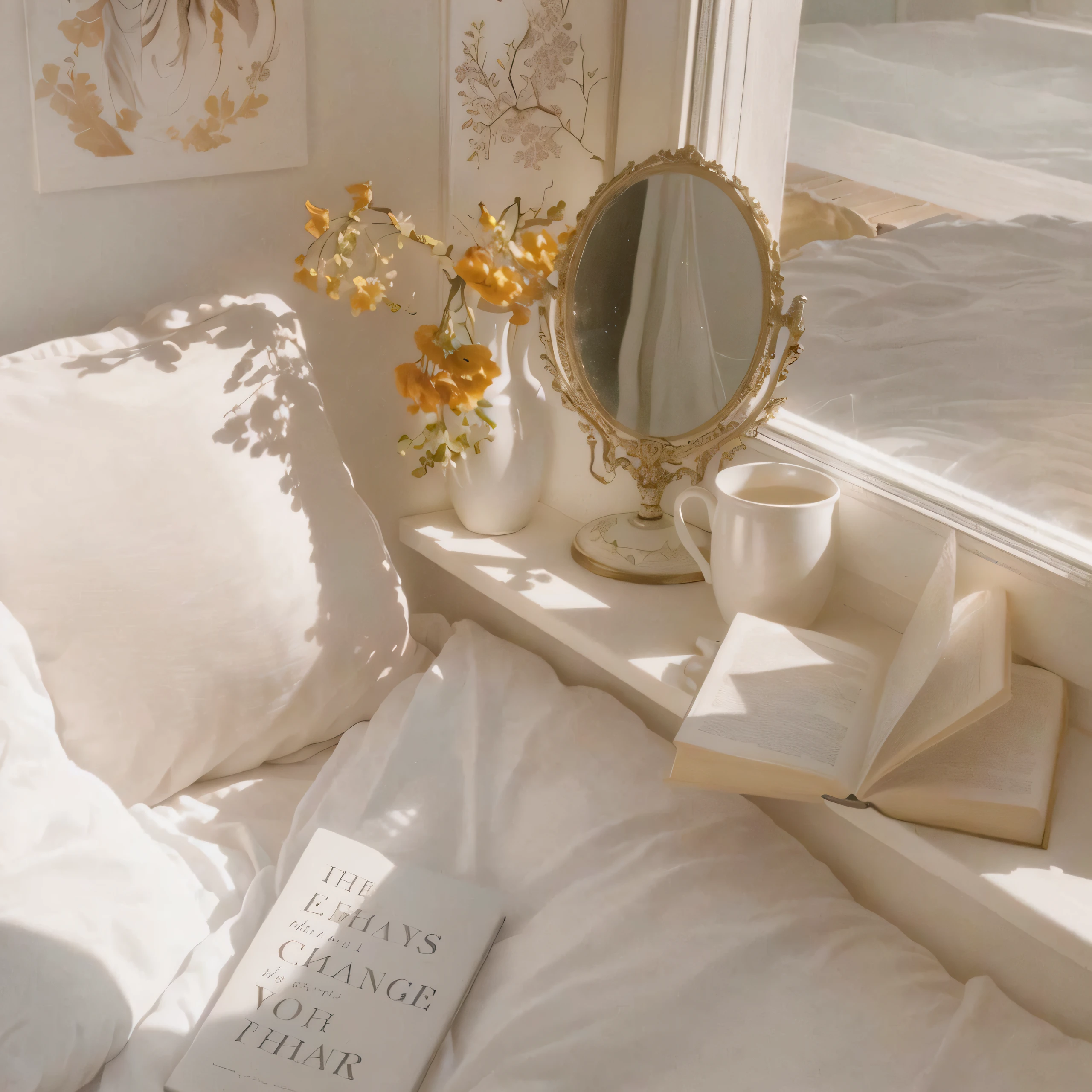 There was a book on the bed，Inside there is a mirror and a vase, cozy aesthetic, light academia aesthetic, dreamy aesthetic, with backdrop of natural light, Simple aesthetic, story telling aesthetic, soft aesthetic, books and flowers, retro aesthetic, Beautiful and aesthetic, a sunny bedroom, Dream aesthetics, cream and white color scheme, dreamy ethereal vibe, Dreamy and ethereal