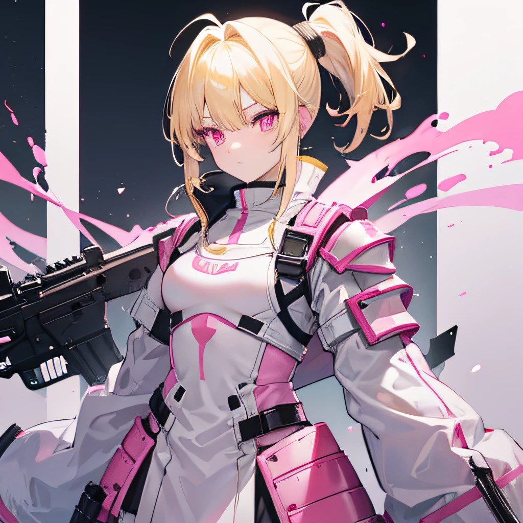 Light yellow hair，Double ponytail hairstyle，Pink eyes，Pink pupils，teens girl，white  clothes，Armor，Gun in hand