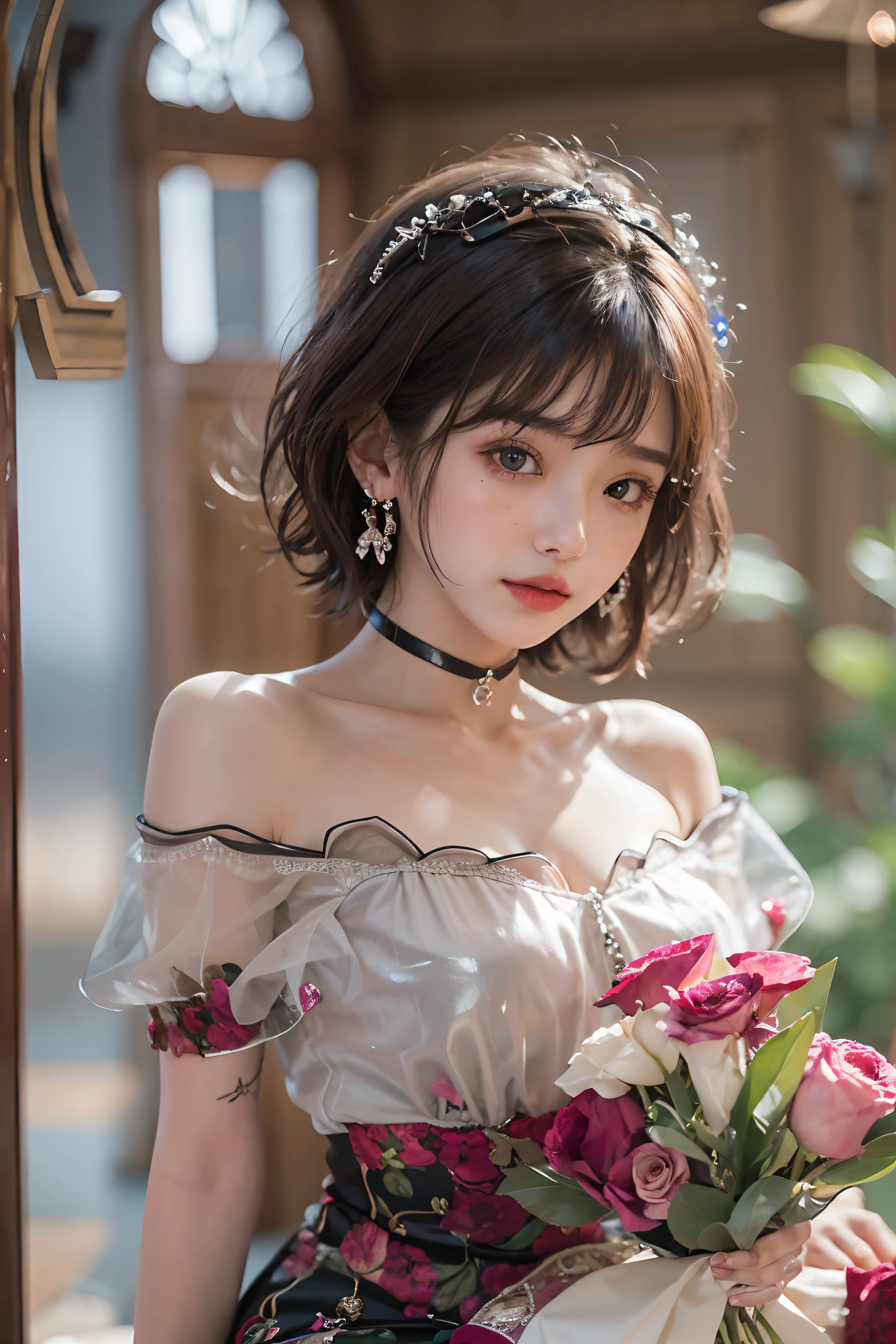((high angle shot))、(Photoreal Stick:1.2)、8K UHD、hight resolution、(1girl in)、in her 20s、(looking at view)、(A dark-haired), (Bery short hair)、(smil)、(High quality shadows)、Detail Beautiful delicate face、Detail Beautiful delicate eyes、Pretty Kpop Girl、(Korean Urzan Face)、(ulzzang -6500-v1.1:0.6)、pureerosface_v1、gloweyes、perfectbody、 Incredible dynamic range photography(UTIL_Art by Smoose-768:1.1), teak、Bright red lipstick、Glossy lips、(a choker)、(Red transparent nose)、((Brown eyes))、((Beautiful Finger))、 (Silver Accessories)、Shiny hair、Description beautiful delicate hair、(Lustrous skin)、(Black see-through dress)、(corsets)、(evening)、(Rooms with large skylights)、(Dim ruins of concrete)、Girl sitting on a chair in the light coming in from the skylight、Many vases and flowers around、