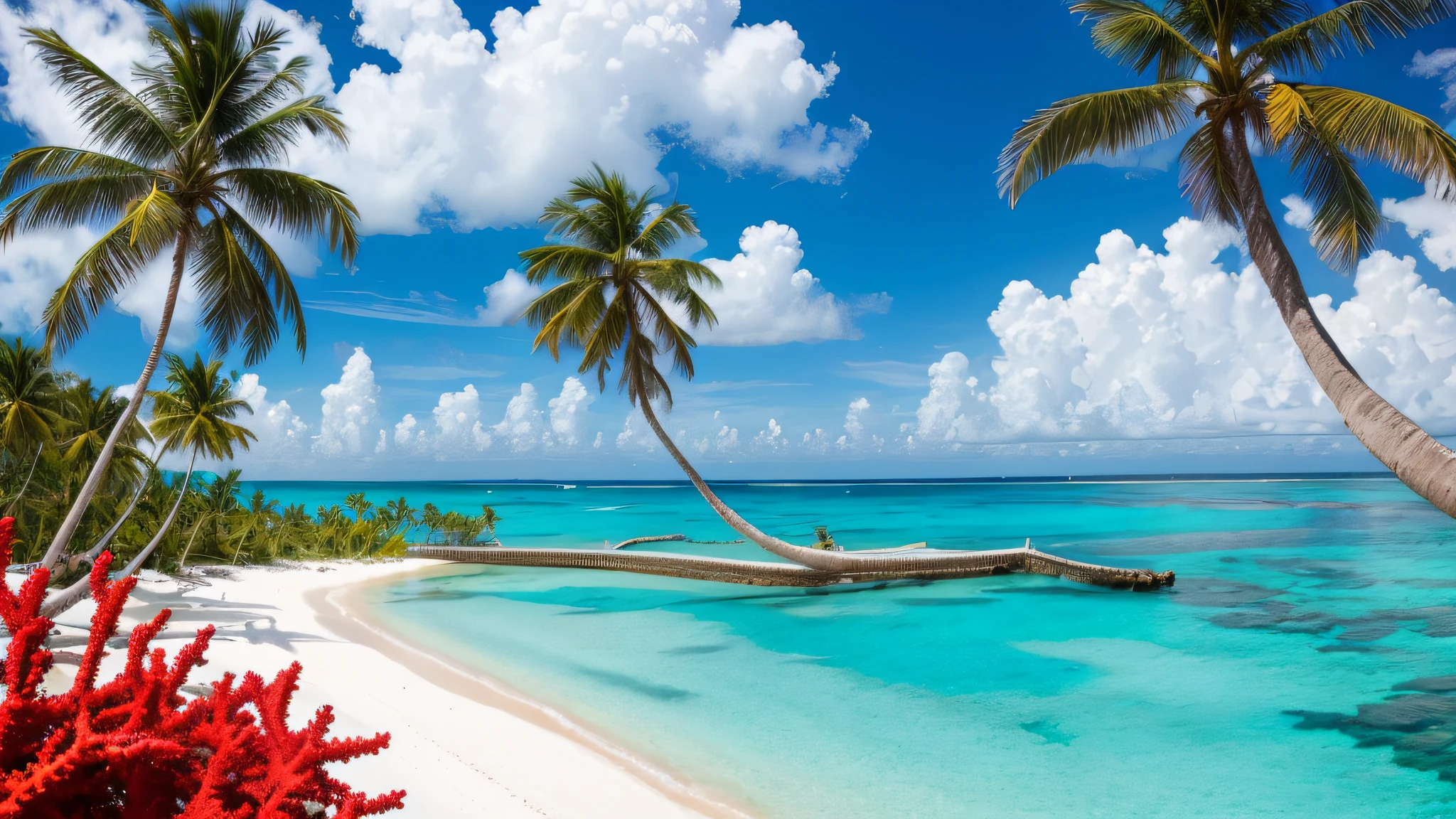 A tropical island with white sand beaches and palm trees, with new coral reefs and marine life, The beaches are pristine and the water is crystal clear, The palm trees are tall and swaying, and the coral reefs are teeming with fish and other marine life, In the background - a blue ocean stretches out to the horizon.