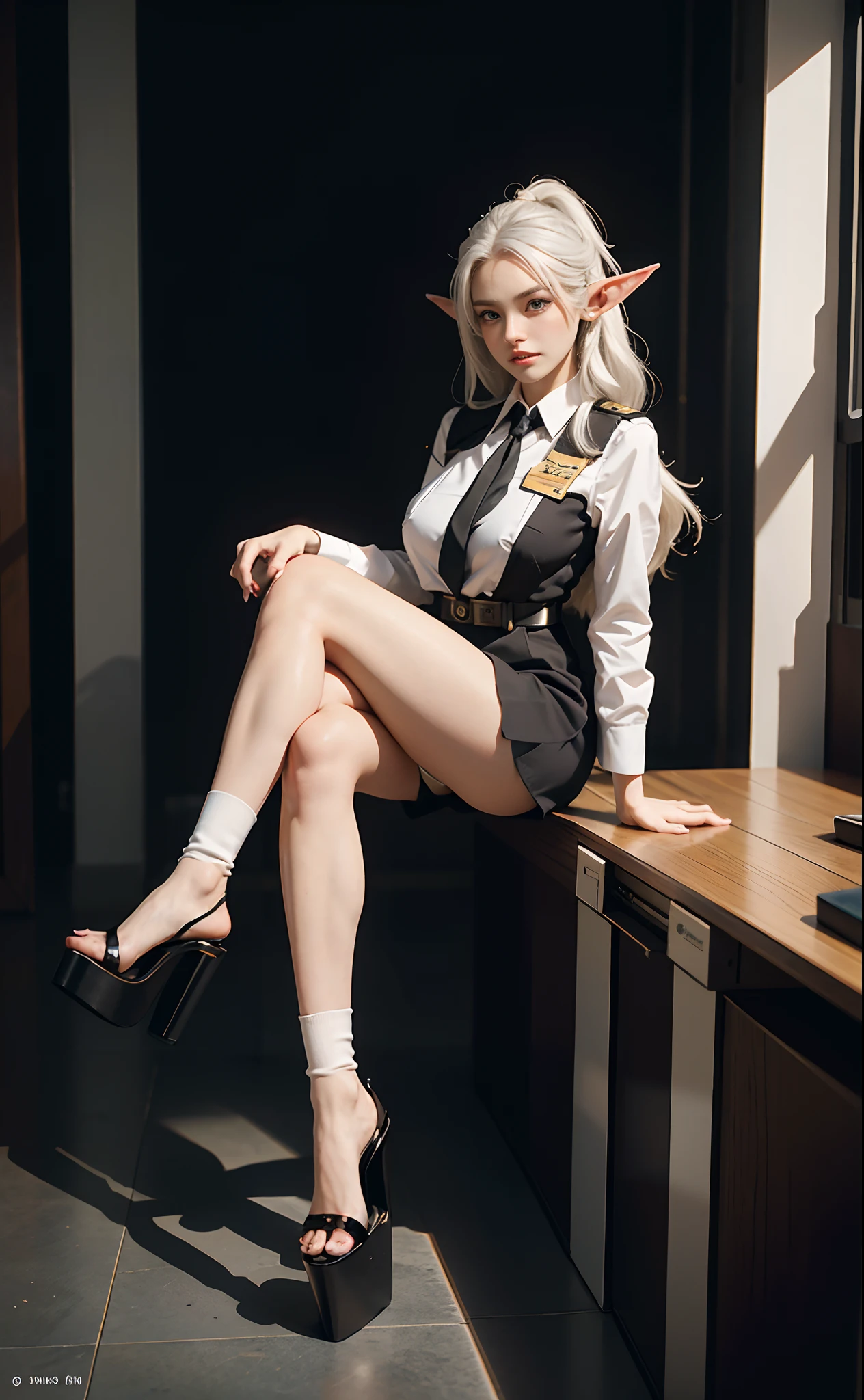 (Extremely normal body:2.0)office room:1 Elf beauty,flightattendantuniform,(ears of elf),Short silver-white hair,flightattendantuniform),Black short stockings,Black socks, Black socks,Translucent black socks,Platform heeled sandals,Normal feet , very detailed eyes and faces, Sharp pupils, realistic pupil, tack sharp focus, cinmatic lighting,full bodyesbian,Bigboobs,long leges,From the front side,dynamicposes,Normal posture,closeup of face