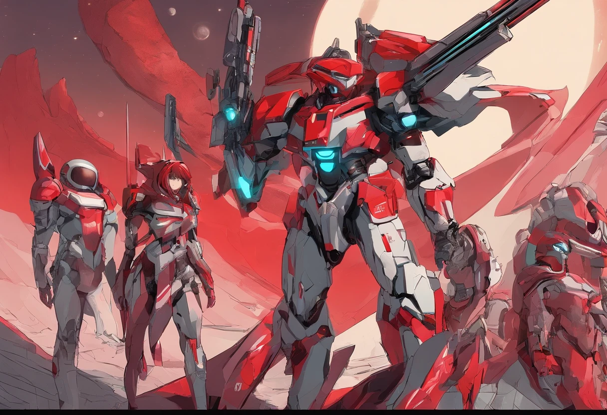 Centurion warriors, red and grey, male and female working together, man and woman side by side, happy, celebrating, Full body Beautiful anime style girl, clean detailed faces, intracate clothing, analogous colors, glowing shadows, beautiful gradient, depth of Fidel, clean image, high quality, high detail, high definition, Luminous Studio graphics engine, cute face, heroic, sword, Victoria