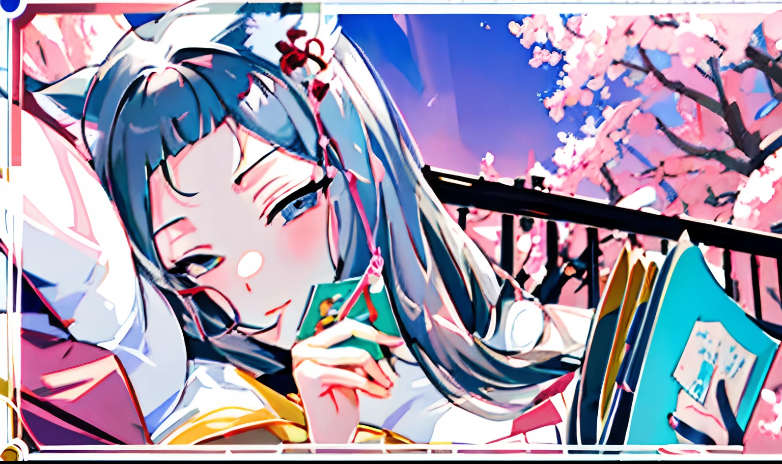 anime girl with long gray hair and cat ear reading a book in bed, official artwork hdr, hasanabi, haruno sakura, marin kitagawa fanart, harumi, inspired by Hong Ren, inspired by Hanabusa Itchō, banner, best anime 4k konachan wallpaper, 8k!!, ; visual novel, harem, kawacy, sakura haruno