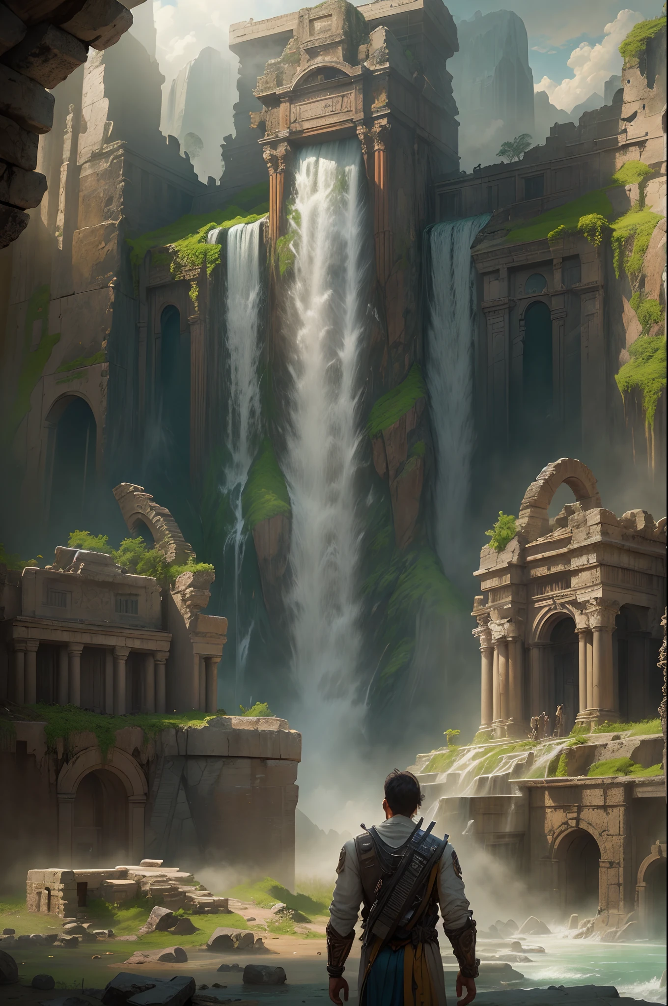 arafed image of a man standing in front of a waterfall, ancient ruins and waterfalls, ancient yet futuristic, post apocalyptic ancient ruins, ornate city ruins, temple ruins, huge giant old ruins, ruins landscape, ancient monument waterfall, highly realistic concept art, dramatic concept art, mysterious temple setting, stunning concept art, ancient ruins, ancient biomechanical temple