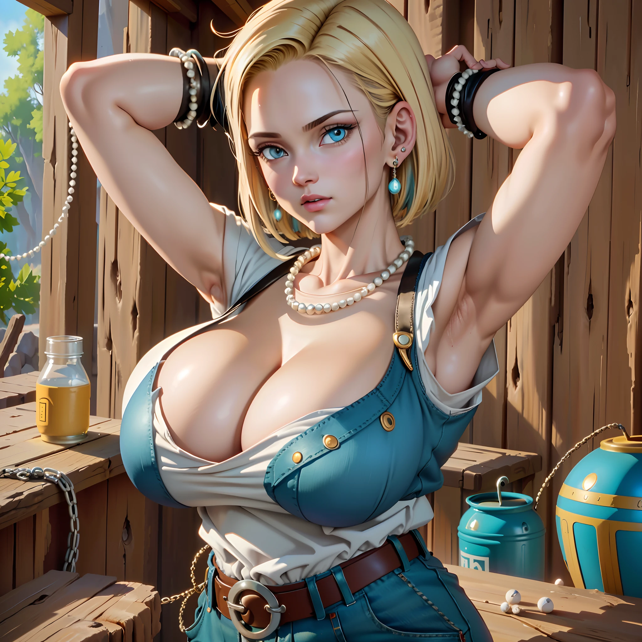 (masutepiece, Best Quality, High resolution, 32K), (((1womanl, Solo))), (Android18_nffsw, Jewelry, Necklace, Pearl Necklace, :1.35, earrings, gloves, Belt bag, Pants, denim, jeans, Perfect eyes, Blue eyes), (super gigantic breast:1.2, ultra gigantic tits:1.2, SuperHuge boobs:1.2, ultra huge cleavage:1.2, Perfect slim body:1.3), (Exposed shaved armpits:1.75, In an abandoned hut, Shabby hut, Messy hut, Dark atmosphere:1.1), (Intricate details:1.1), (Natural Skin Texture, Hyper-Realism), (Detailed face, super detailed skin),