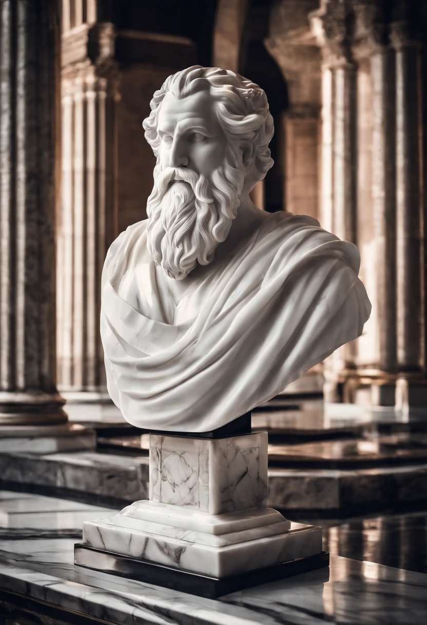 White marble statue of a bust of a sage in the style of a bearded Greek philosopher in a museum. gloomy atmosphere, High contrast of light and shadow, Professional photography, utrarealista, light volumetric, Filmic