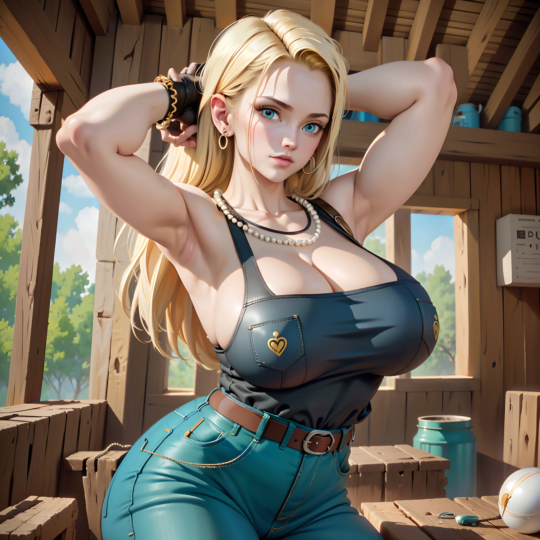 (masutepiece, Best Quality, High resolution, 32K), (((1womanl, Solo))), (Android18_nffsw, Jewelry, Necklace, Pearl Necklace, :1.35, earrings, gloves, Belt bag, Pants, denim, jeans, Perfect eyes, Blue eyes), (super gigantic breast:1.2, ultra gigantic tits:1.2, SuperHuge boobs:1.2, ultra huge cleavage:1.2, Perfect slim body:1.3), (Exposed shaved armpits:1.75, In an abandoned hut, Shabby hut, Messy hut, Dark atmosphere:1.1), (Intricate details:1.1), (Natural Skin Texture, Hyper-Realism), (Detailed face, super detailed skin),