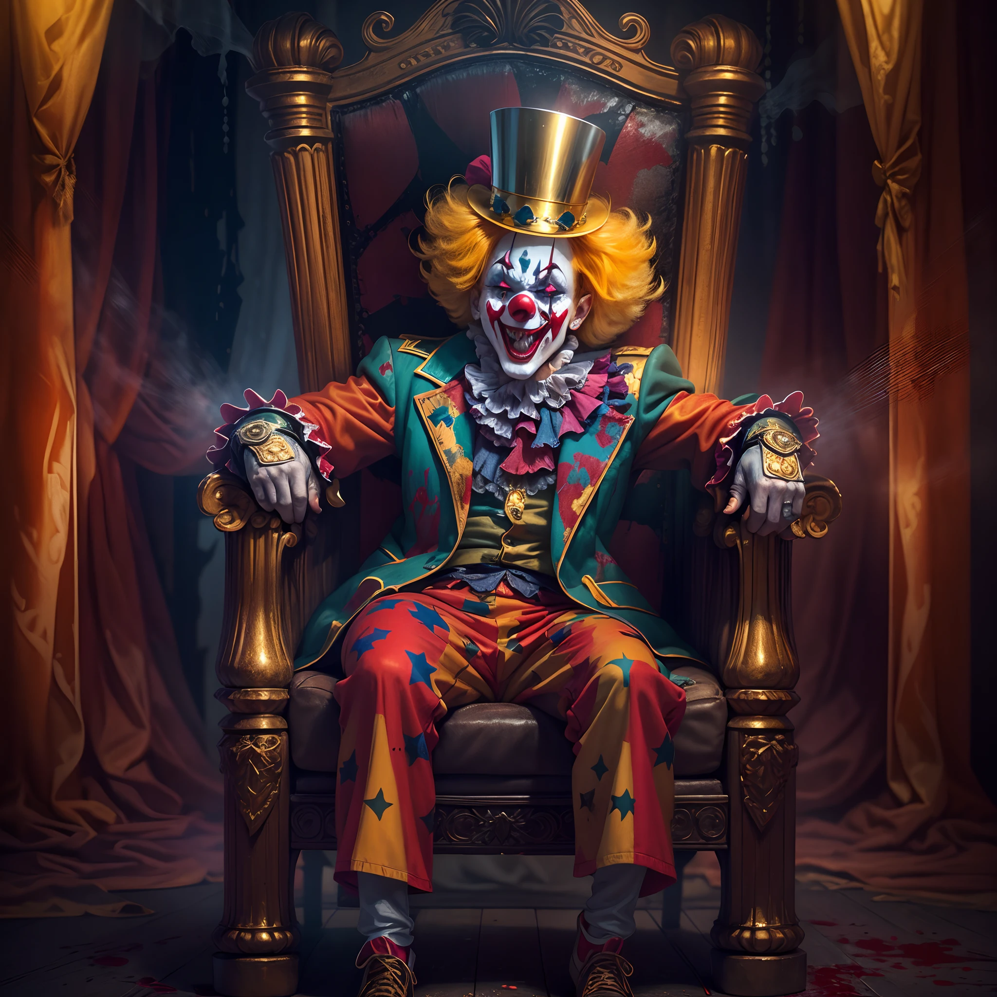 (Crazy clown), sitting on a golden throne, Wear a clown hat, Wear clown costumes, metal gauntlet,Circus props,Laughing, Deep blonde hair.((Blood spray)),(Spooky atmosphere),haunted background. Surrealist style, vivd colour,Sharp contrast, ominous lighting, high-density imaging review, Ultra-high definition, Studio lighting,physically-based renderingt, Extreme detail description, professional (terroral )