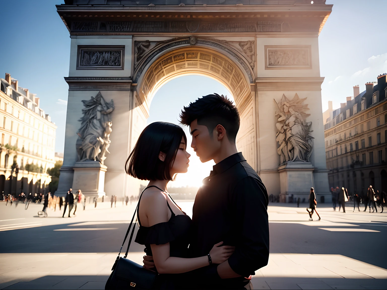 In front of the Arc de Triomphe square,A couple,Back Shadow,Asian people,Sunnyday,Surrounded by buildings,Black clothes,rays of sunshine