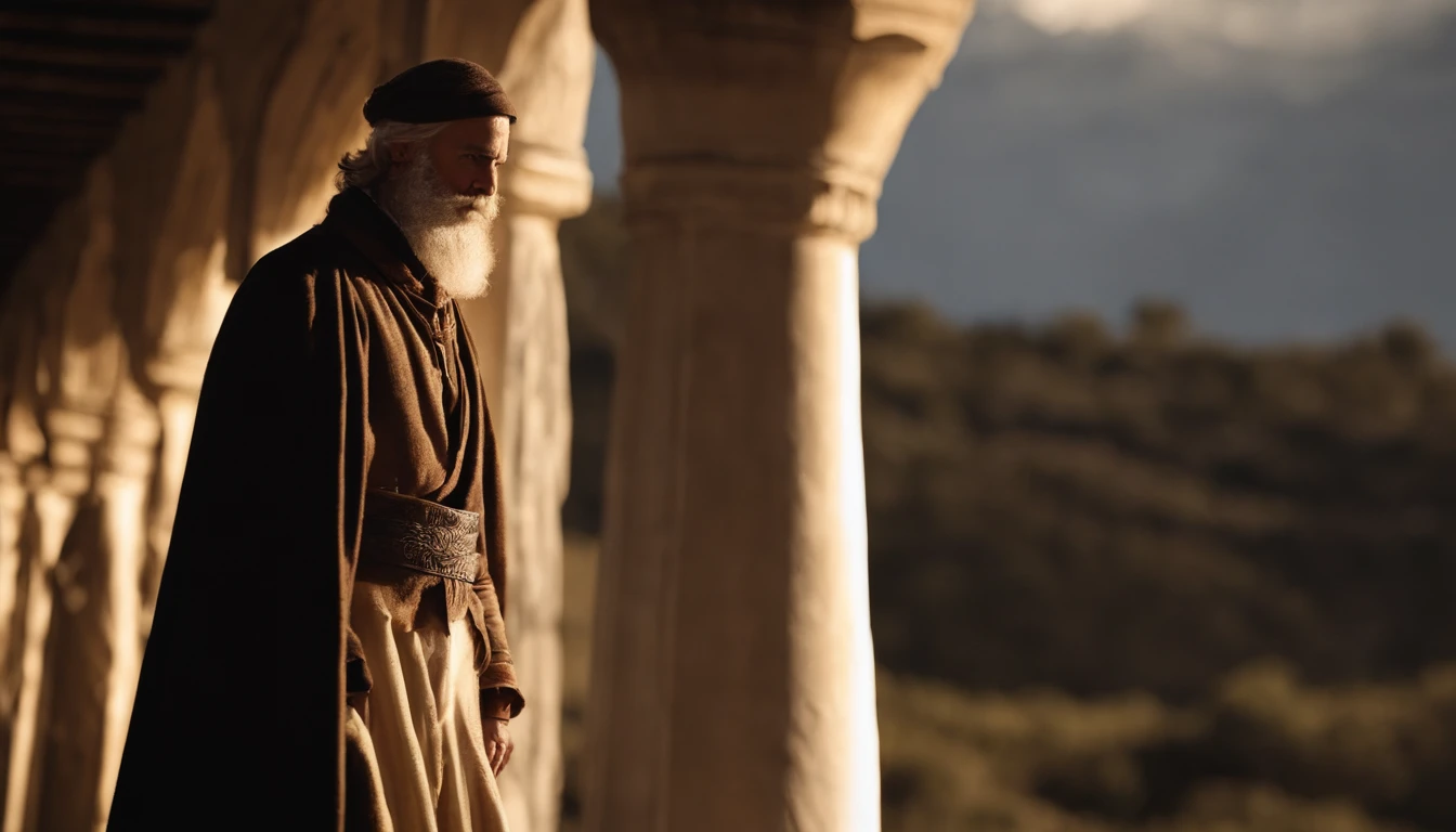 Un hombre con una larga y frondosa cabellera blanca, la cual hace juego con su espesa barba, se acerca a lo lejos por una calle empedrada, He wears a tunic of impeccable white and leans on a dark cane on whose metal hilt the first rays of the sun are reflected..