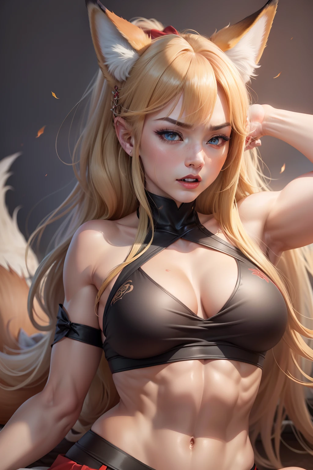 1 woman, 25 years, 独奏, (Adult woman:1.0), ((Muscular woman)), (evil face:1.0), Expression of anger, red-lips, (abs), bellybutton, hairlong, blonde hair, blue eyes, hairlong, braided ponytail, hair ornament, stupid bangs, animal ears, ((Fox Girl)), Fox ears, fluff on the ears, tail, Foxtail, wide shoulders, elastic hips, elastic ass, Elastic breasts, Covered , Splayed breasts, makeup, red eyeshadow, blusher, 鎖骨, ((small boobs)), ((Slim waist)), Red Crop Top With Neckline, long black skirt, red panties, alternate costume, clothes lift, skirt lift, skirt hold, full - body, (overhead view:1.0), squat sitting, legs wide apart, Cameltoe, hands behind head, gray plain background, (Detailer:1.0), (Realistic:1.0)