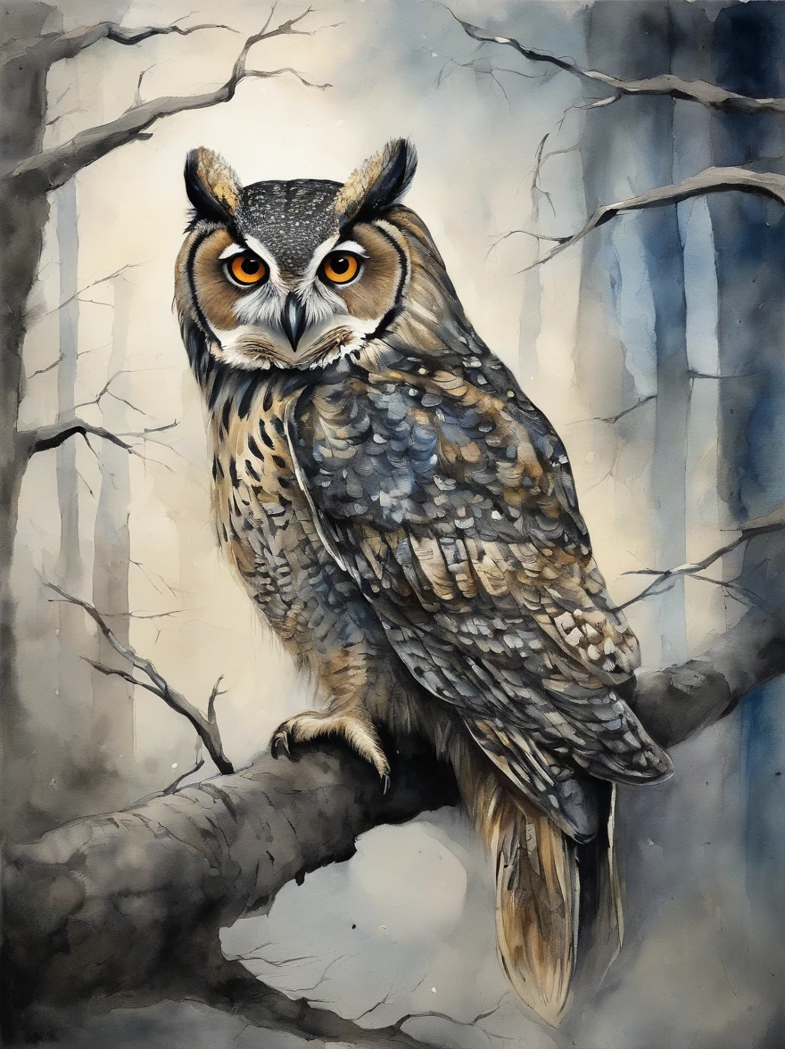 A majestic owl with a tabby head in black and blue accent colors perches gracefully on a moss-covered tree branch in a moonlit forest, surrounded by ethereal beams of silver moonlight filtering through the canopy, conveying a sense of tranquility and mystery. Moody and atmospheric with a touch of fantasy, captured with a vintage film camera, soft focus, and dreamlike color palette.