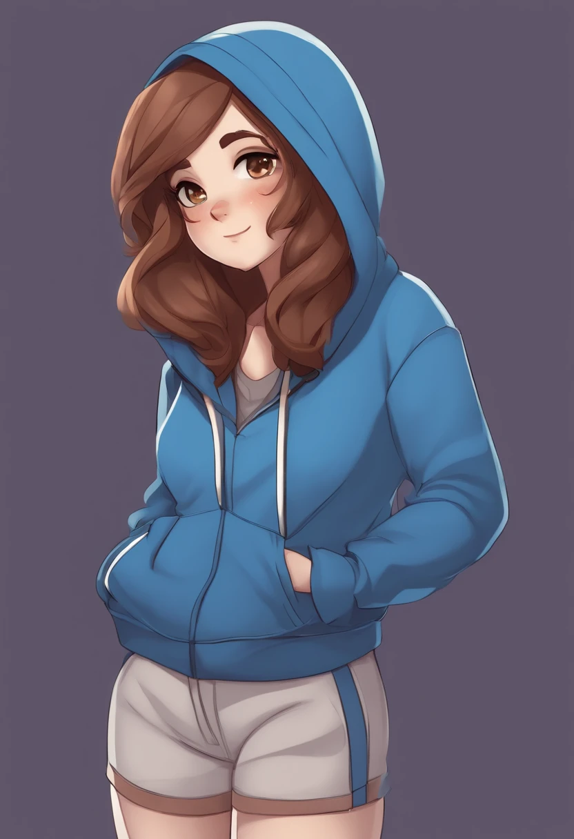 a NSFW cartoon girl in a blue hoodie with a brown hair, jaidenanimations, cel shaded!!!, wearing a blue hoodie, unknown artstyle, madeline from celeste, anime moe artstyle, in a hoodie, cartoonish cute, female protagonist 👀 :8, [ digital art ]!!, coloured in blueberra and orange, chibi, cel - shaded art style