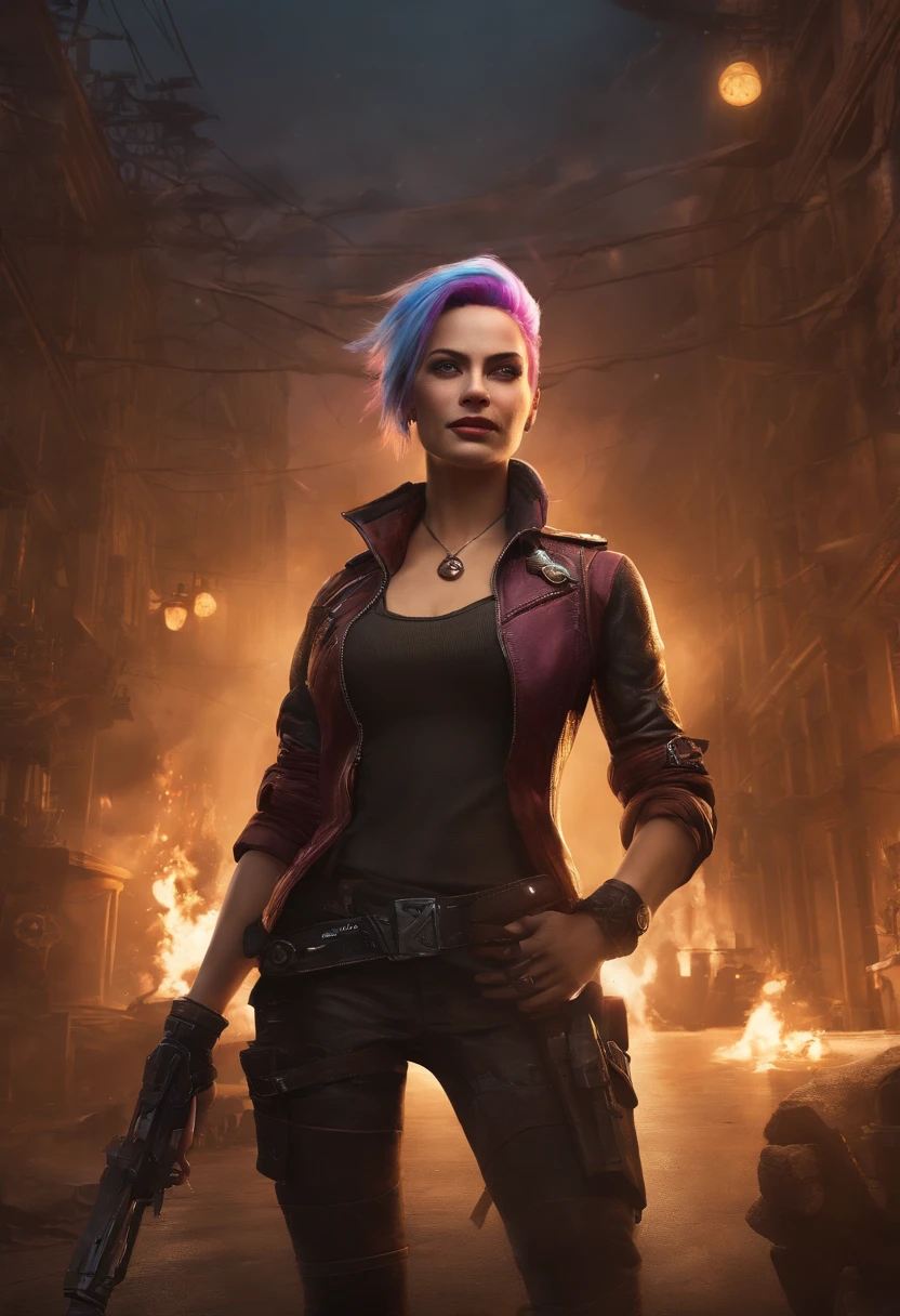 ((Best quality)), ((masterpiece)), (highly detailed:1.3), 3D, arcane style,In the dark and gritty dystopian city Piltover, plagued by violence and divided into two opposing factions, a young prodigy named Jinx emerges. Having endured unimaginable loss and abandonment, she has embraced a life of chaos and destruction. Known for her inventive and explosive abilities, Jinx becomes an icon of rebellion against the oppressive forces controlling the city. However, haunted by guilt and battling inner demons, she must confront her past and decide whether to continue down the path of anarchy or seek redemption amidst the turmoil. Explore the journey of Jinx as she navigates a treacherous world, fighting for survival, unraveling secrets, and discovering the true meaning of her twisted existencechaos reigns supreme, and at the heart of it all is Jinx, the embodiment of unpredictability. Delve deep into the twisted mind of Jinx, exploring the origins of her madness and the driving force behind her destructive nature. Unveil the moments that shaped her into the deranged and iconic character we know. Take us on a wild journey through the vibrant streets of Piltover and the grim underbelly of Zaun as Jinx wreaks havoc with her explosive arsenal. Can redemption ever find its way into Jinx's fractured soul? Or will she forever dance on the edge of sanity, embracing the chaos that fuels her very existence? The fate of Arcane hangs in the balance as Jinx's path intertwines with unlikely allies and formidable foes. Ignite your imagination and paint a vivid portrait of Jinx's twisted psyche, capturing the essence of her madness and the untamed spirit that defines her,HDR (High Dynamic Range),Ray Tracing,NVIDIA RTX,Super-Resolution,Unreal 5,Subsurface scattering,PBR Texturing,Post-processing,Anisotropic Filtering,Depth-of-field,Maximum clarity and sharpness,Multi-layered textures,Albedo and Specular maps,Surface shading,Accurate simulation of light-material interaction,Perfect proportion