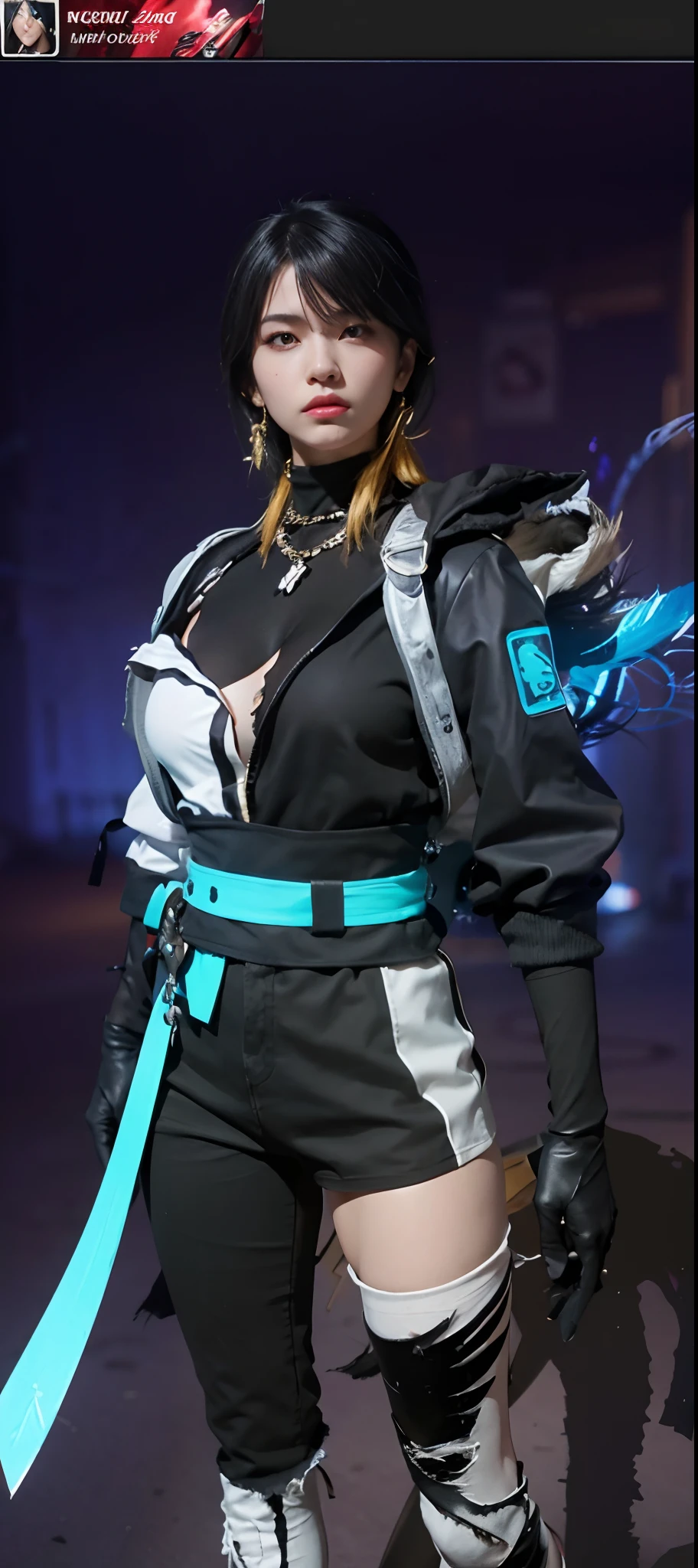 a close up of a person in a costume with a sword, as a character in tekken, female character, tifa lockhart with white hair, katana zero video game character, lunar themed attire, kda, slim body, cyborg - girl with silver hair, upper body avatar, (( medium breast;1.2)), fashion gameplay screenshot, fighting game character, new character, floralpunk elysian maiden, sigma female