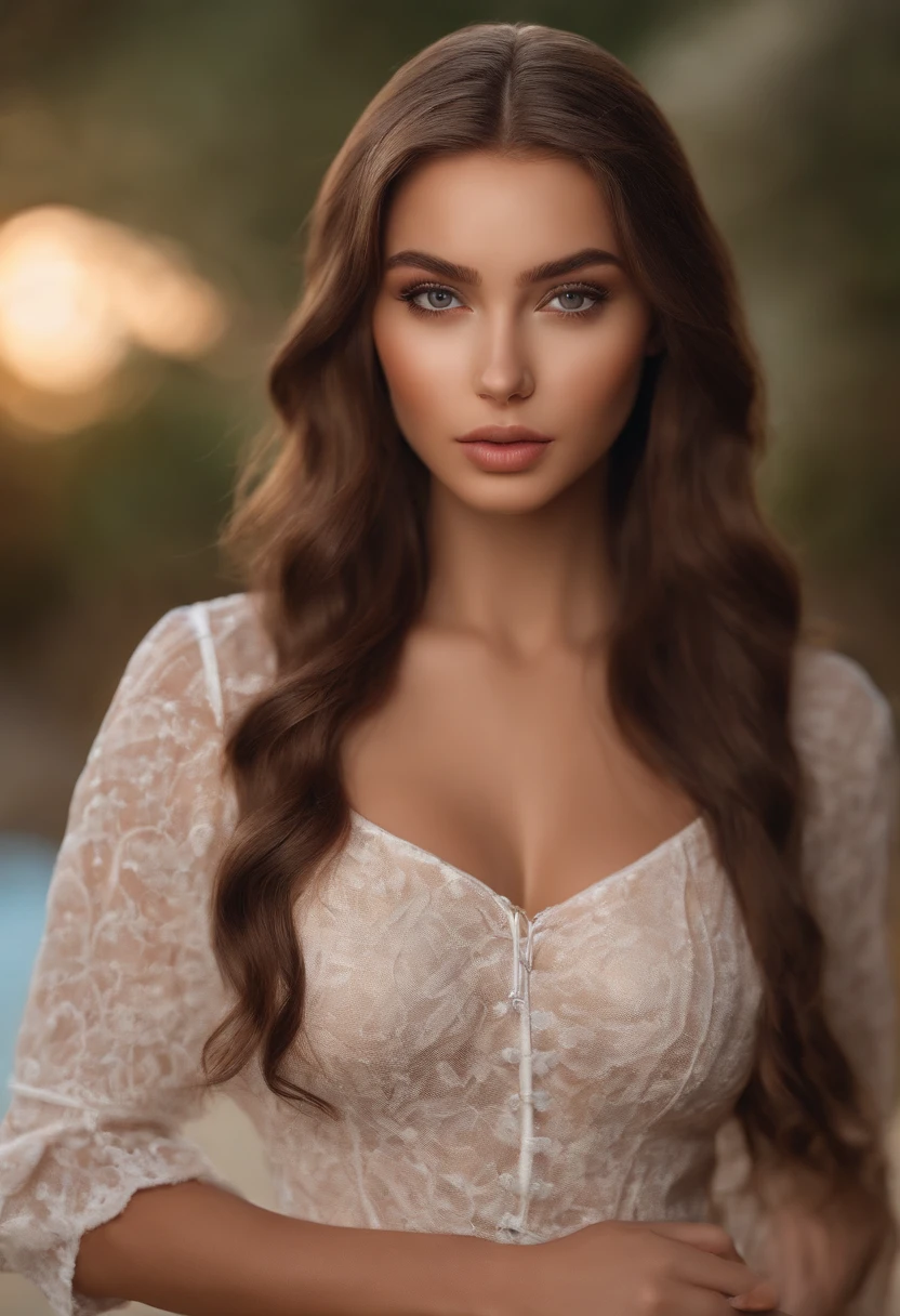 arafed woman fully , sexy lady with brown eyes, ultra realistic, meticulously detailed, portrait sophie mudd, brown hair and large eyes, selfie of a young woman, bedroom eyes, violet myers, with light makeup, natural makeup, looking directly at the camera, face with artgram, subtle makeup, stunning poses on the beach, medium to large size bust