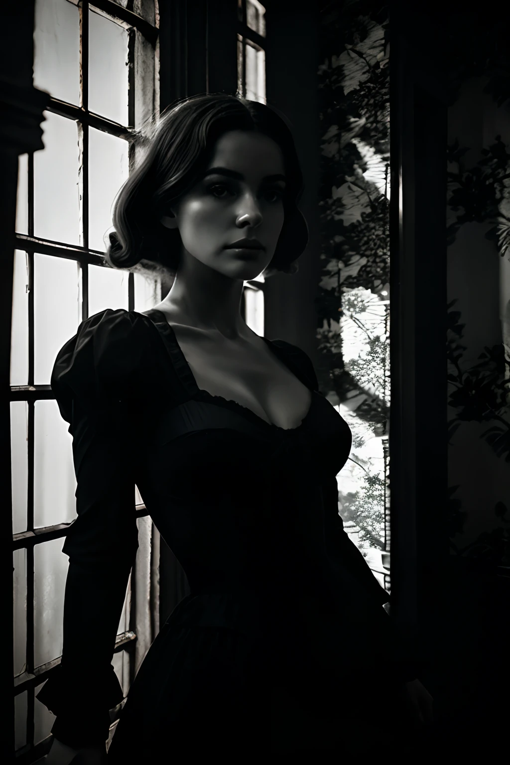 with infrared film we see her in the darkest shadow corner, high contrast infrared image of vintage intricate wallpaper, merging into her, extending mood, eerie atmosphere, she wants to move to viewer, she wants more, invited us inside