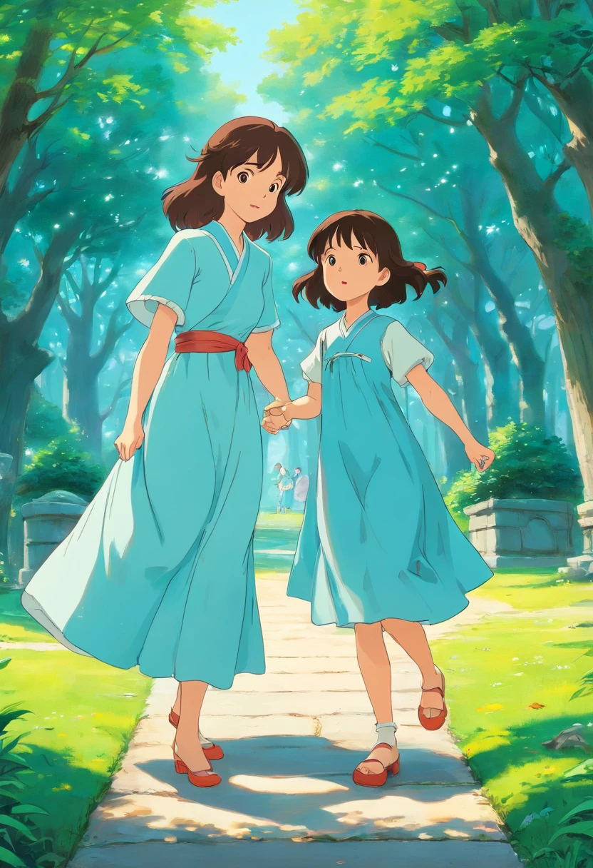 Mother and little daughter playing in park、Matching dresses、In a park where nature spreads、colorful animation stills, Masami Teraoka, aquamarine, paul gauguin, Embry style, Honest portrayal