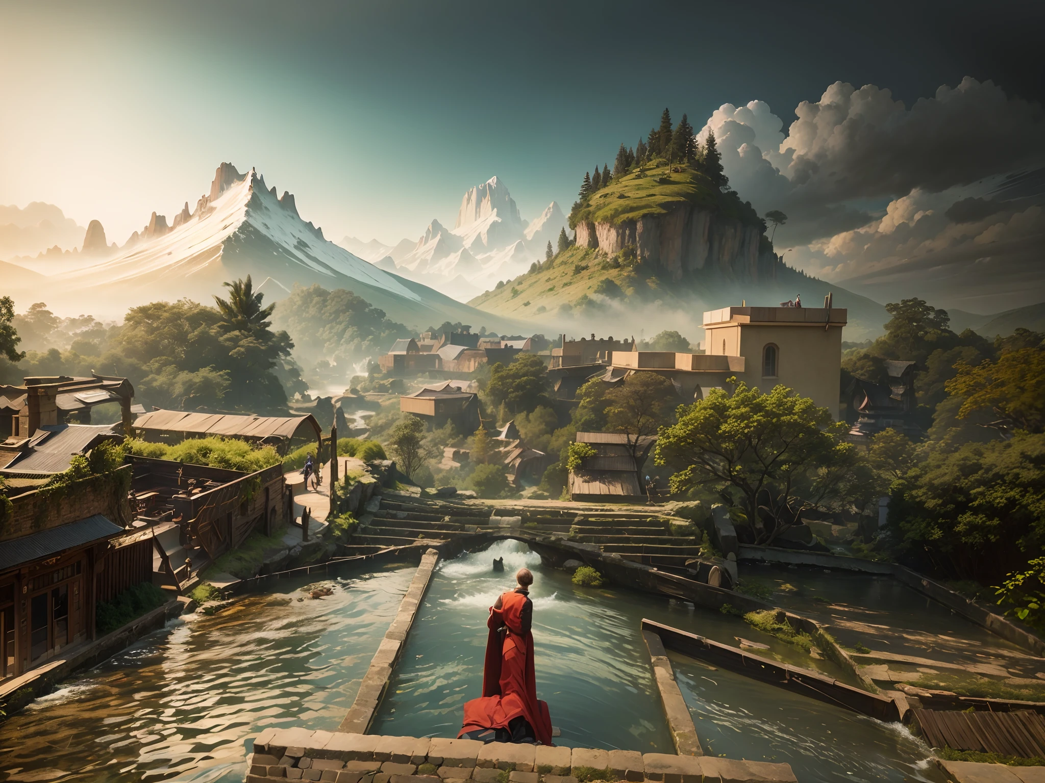 A young man playing the piano, he stands on his back, in the middle of a forest enchanted with fanciful animals in a totally fantastic environment and rich in details and traits. Giant trees surround rivers and mountains on the horizon. It's like an enchanted paradise --auto --s2
