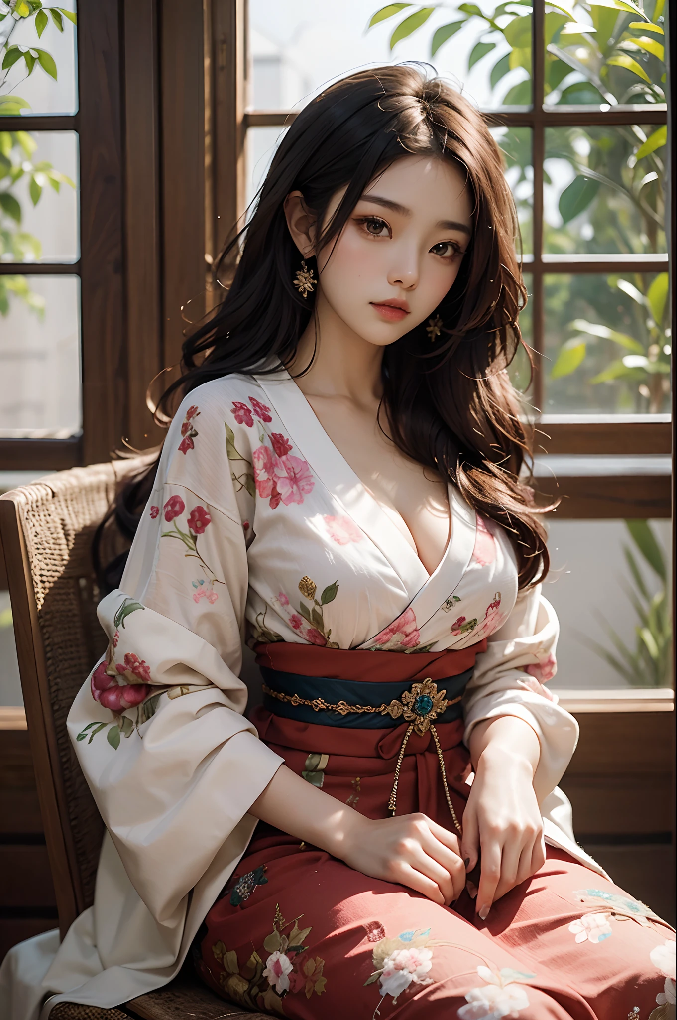(masterpiece), (best quality), 8k resolution, 1girl, Asian girl, stunning beauty, perfect face, mature female, 20yo, sexy, sunny, window, Japan style room, sitting on the chair, Arabian clothes
