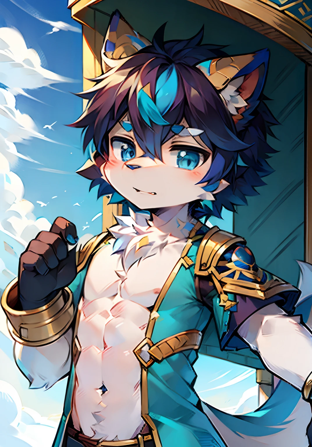 furry,shaggy male,Furry,Genshin animation style,Shota,drak,Big sky blue eyes,A random blueprint on the fuselage,Cute look,No abs,large tail