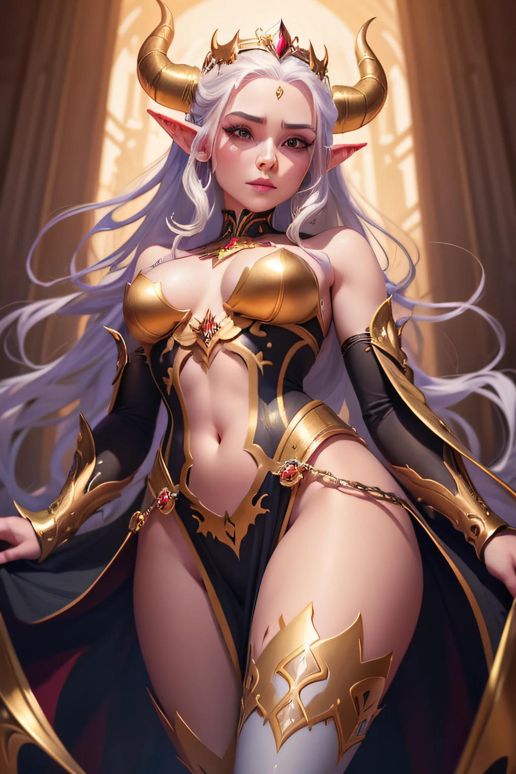 a cartoon of a woman with horns and a horned head, charlie bowater art style, artgerm and rossdraws, gorgeous detailed face, she has elf ears and gold eyes, trending artgerm, ((a beautiful fantasy empress)), magali villeneuve', detailed gorgeous face, artgerm. high detail, :: rossdraws, great digital art with details