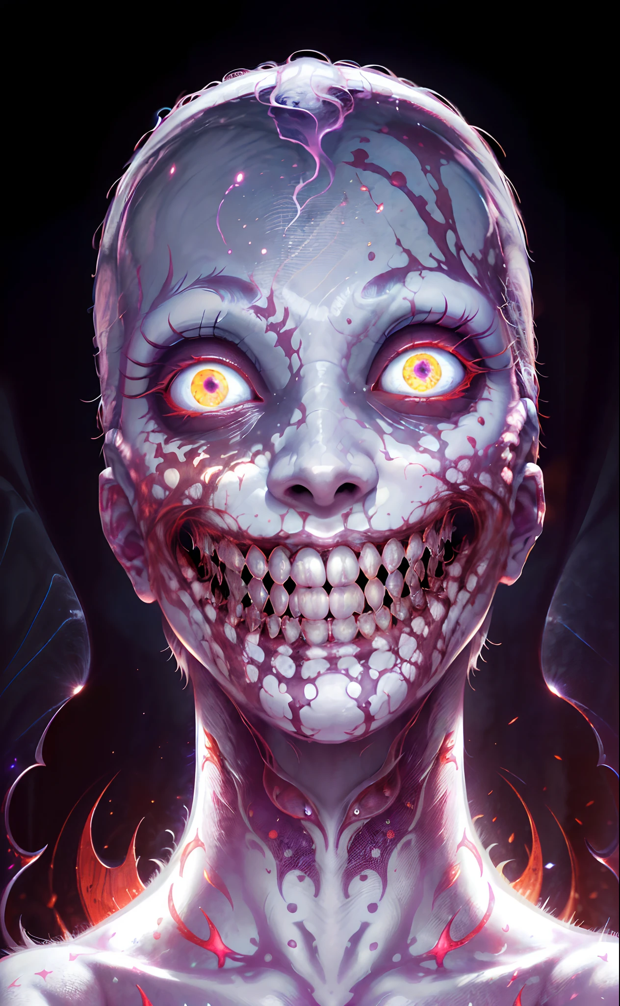 The smiling entity of chaos and psychotic fear, horrific, horrifying, smile. ((Absolute_insanity in a god-like_level: 1.9)), ((entity_of_pure_chaos: 1.9)), ((infinity_fractal_eyes: 1.9)), hairless, ((albino_god: 1.9)), (nose_less: 1.9)