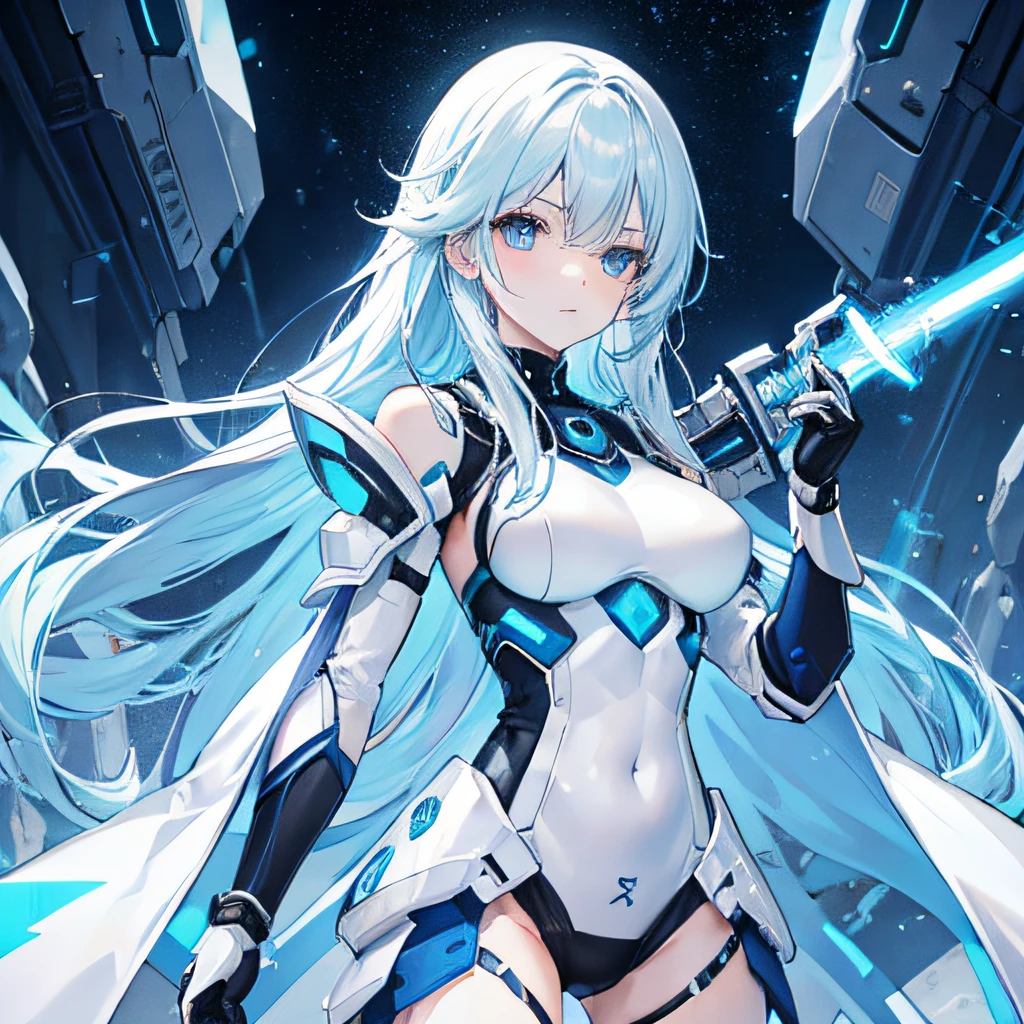 Cold girl White pupils Aqua blue hair Long hair Cold expression ,white clothes,Wearing high-tech armor,science fiction elements,holding laser swords