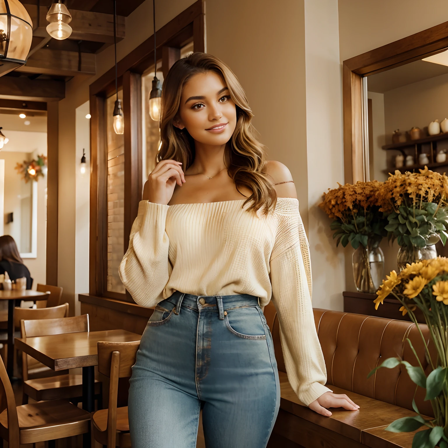 Generate captivating photographs of Autumn, the enchanting influencer, as she indulges in the seasonal delight of a pumpkin spice latte. Autumn, in her mid-20s, stands around 5'4" tall, with long, wavy chestnut hair gracefully draping over her shoulders. Her athletic hourglass figure, elegantly accentuated by a full bust, pairs beautifully with her flawless, sun-kissed tan. Autumn's expressive brown eyes radiate charisma, mirroring her relaxed and confident demeanor.

Autumn's cozy chic ensemble perfectly captures the essence of the season. She wears an alluring off-the-shoulder sweater in an inviting color, showcasing her neckline and collarbone. Paired with snug-fitting, high-waisted jeans, this ensemble highlights her figure with sophistication.

The charming, rustic coffee shop setting immerses Autumn in the warmth of fall, adorned with autumnal decor that enhances the cozy ambiance. Soft, diffused lighting envelops her in a golden glow, creating an inviting atmosphere. The surroundings include cozy seating, rustic wooden tables, and the rich aroma of freshly brewed coffee, all capturing the essence of Autumn's delightful pumpkin spice latte experience.

In candid moments, Autumn enjoys her latte, lost in thought while gazing out of the window or sharing a bright smile. The photos capture the coziness and tranquility of the coffee shop, reflecting the simple joy of sipping a warm, whipped cream and cinnamon-topped beverage. Natural lighting enhances the inviting atmosphere, bringing to life the essence of Autumn's heartwarming coffee moments.

With intense makeup, a cozy atmosphere, and features that are meticulously symmetrical, the photos embrace photorealistic techniques like path tracing, specular lighting, volumetric face light, path-traced hair, visible shadows, and intricate details. This creates an elaborate and hyper-realistic portrayal of Autumn's heartwarming pumpkin spice latte moments.