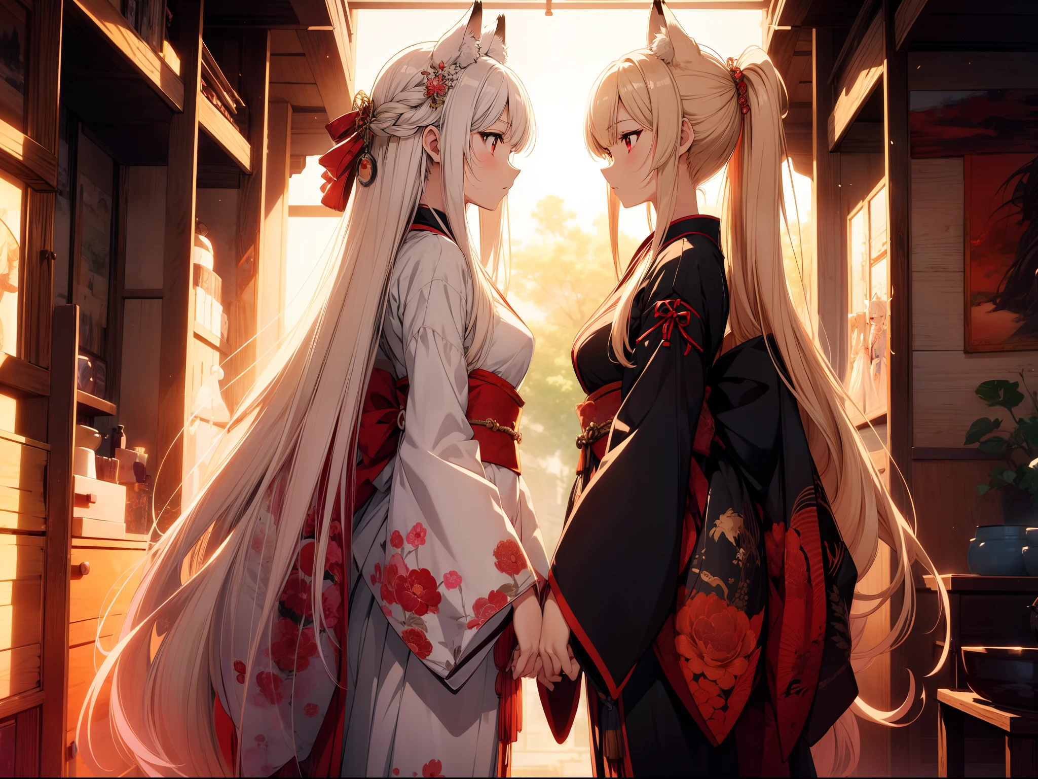 twin fox girl , standing with their backs to each other , dutch angle ,character focus, cowboy shot,cinematic angle ,Japanese clothing, red eyes, growing eyes,high resolution,(incredibly absurdres),anime visual,extremely detailed CG unity 8k wallpaper, ((masterpiece)), ((top-quality)), (beautiful illustration), ((an extremely delicate and beautiful))