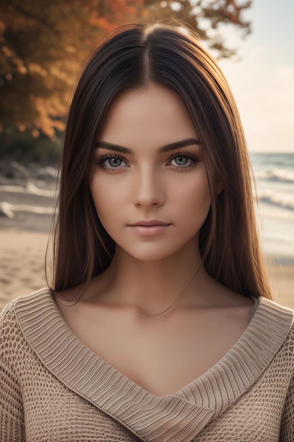 Photograph of a beautiful girl, wear an autumn sweater, long hair on one side, buste lourd 36DD, Look into the camera, eyes symmetrical, symmetrical face, photoreallistic, photographie, devant la plage, specular lighting, Volumetric facial light, Hair path, Ombres visibles, complexe, elaborate