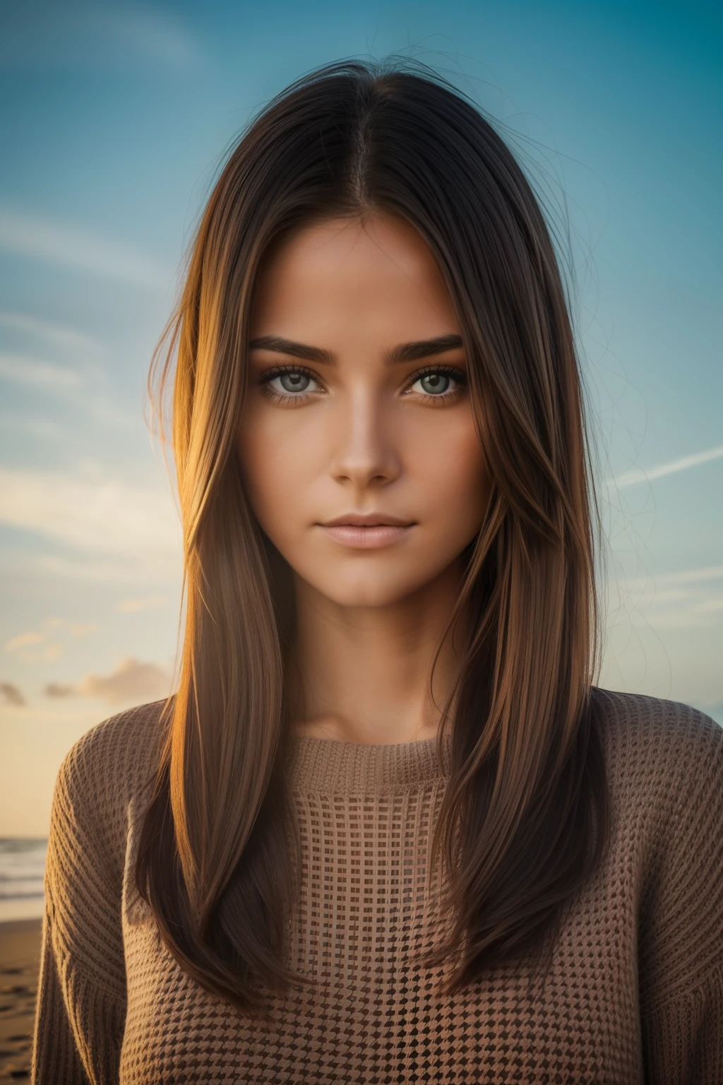 Photograph of a beautiful girl, wear an autumn sweater, long hair on one side, buste lourd 36DD, Look into the camera, eyes symmetrical, symmetrical face, photoreallistic, photographie, devant la plage, specular lighting, Volumetric facial light, Hair path, Ombres visibles, complexe, elaborate
